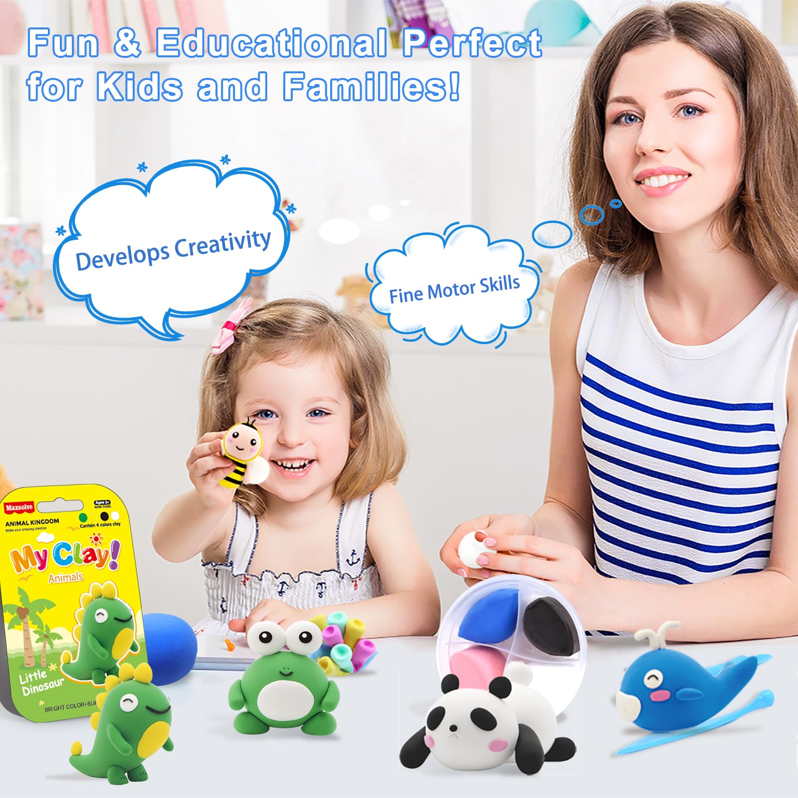 Air Dry Clay for Kids, 12 Animals Modeling Clay Kit with 8 Sculpting Tools and Clear Acrylic Sheet, Soft & Non-Sticky, Safe & Non-Toxic Magic Clays, DIY Arts & Crafts Creative Gift for Boys & Girls