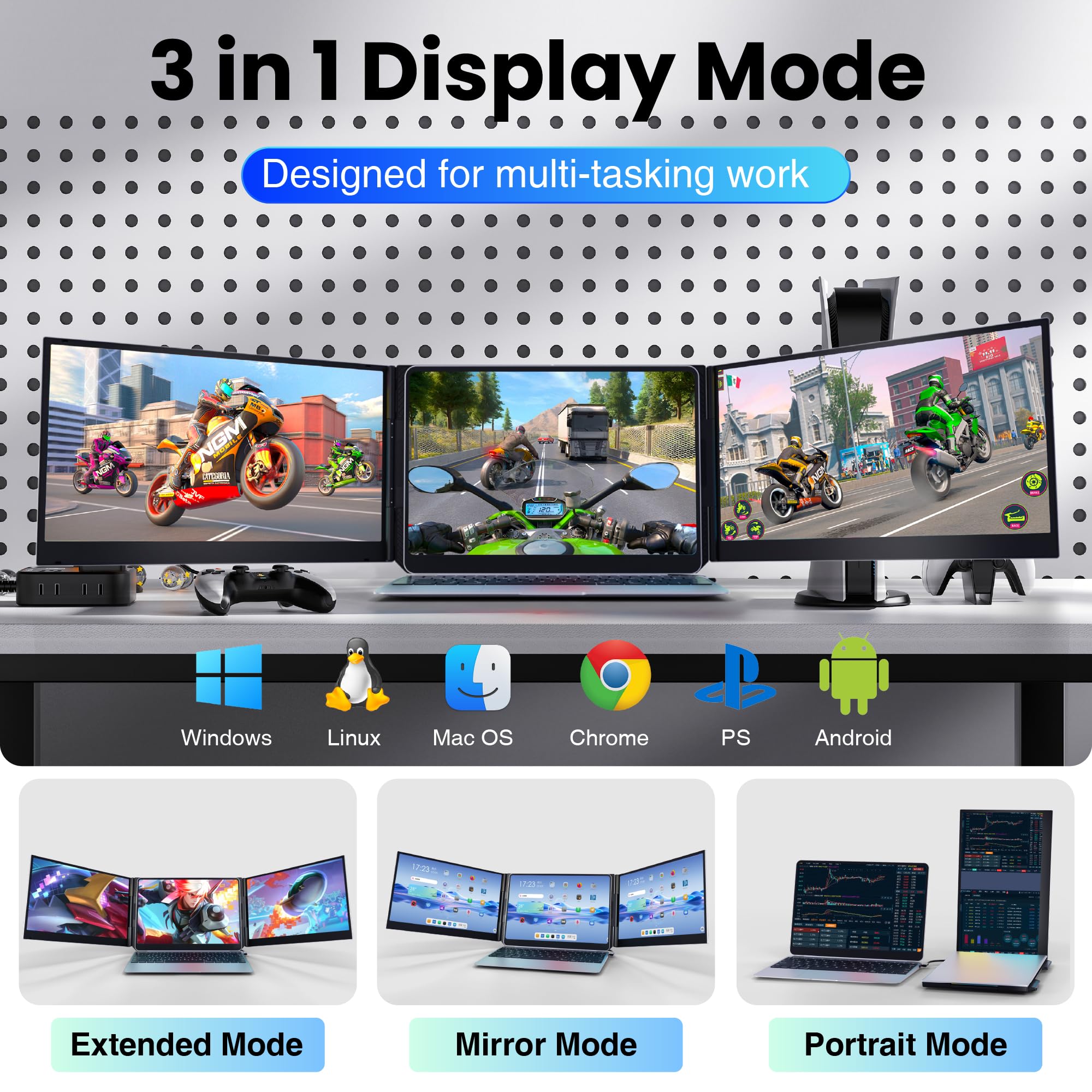 Laptop Screen Extender, 15.6" Ultra Light & Thin Triple Portable Monitor for Laptop with 1080P FHD IPS Display, Two Cable USB-C/HDMI Plug-Play Monitor Extender for Mac/Win/Android, Fits 13-17" Laptops