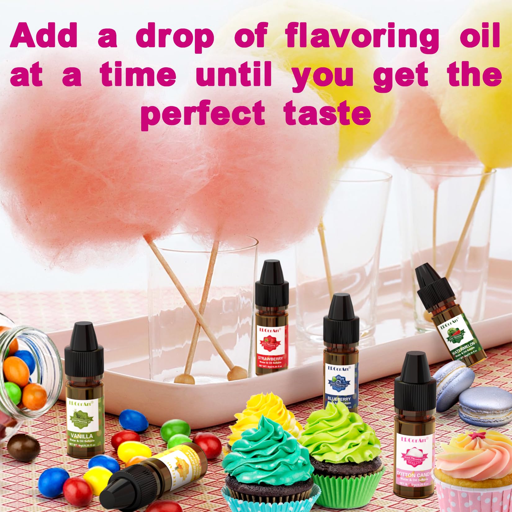 Food Flavoring Oil - Concentrated Candy Flavors, 6 Liquid Lip Gloss Flavoring Oil, Cotton Candy Pineapple Flavor Oil for Baking, Cooking, Slime Making, Drinks, Water & Oil Soluble - 0.25 Fl Oz