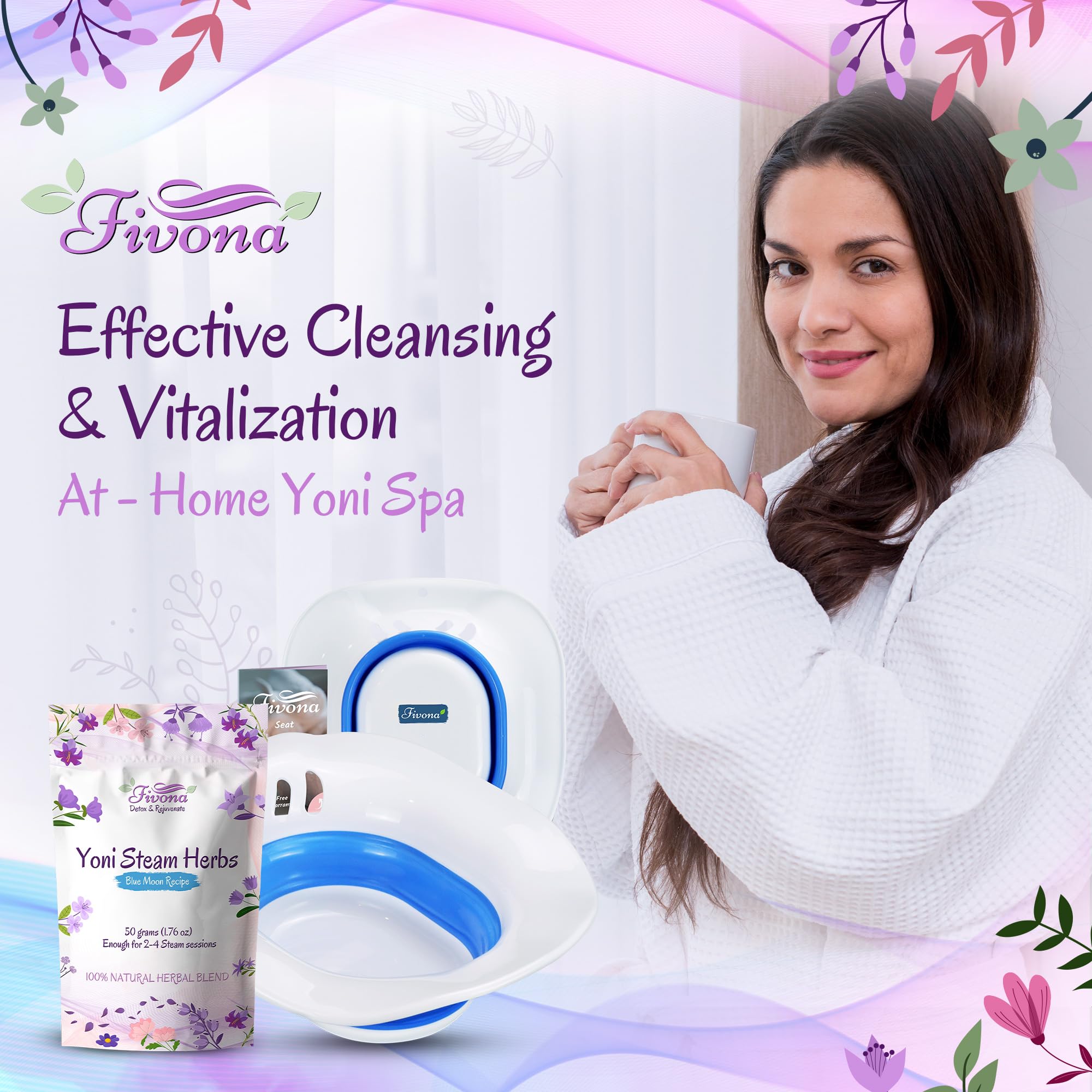 Fivona 2 in 1 Yoni Steam Kit Over The Toilet Seat with V Steam Herbs Blue Moon Recipe for Detox, Cleansing, PH Balance and Odor Control