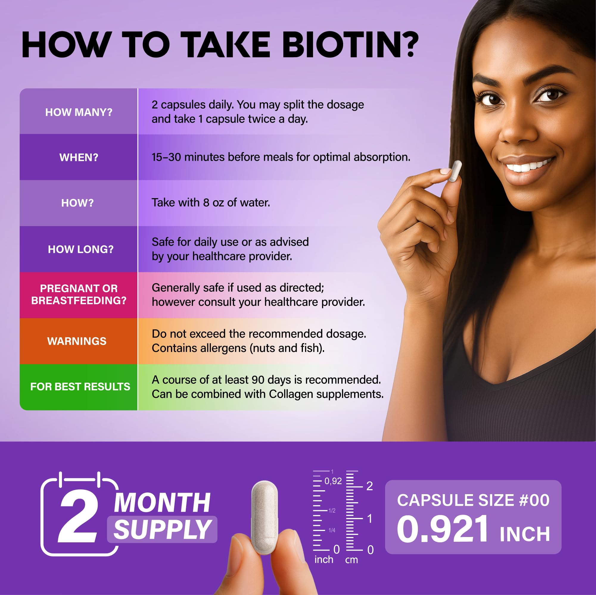 Biotin | Collagen | Hyaluronic Acid | Keratin - Clinically Tested Supplement - Hair Growth Support, Skin & Nails - 25000 mcg Vitamins B2, B3, B6 & B7 + B1 - Made in USA - Women & Men | 120 Capsules