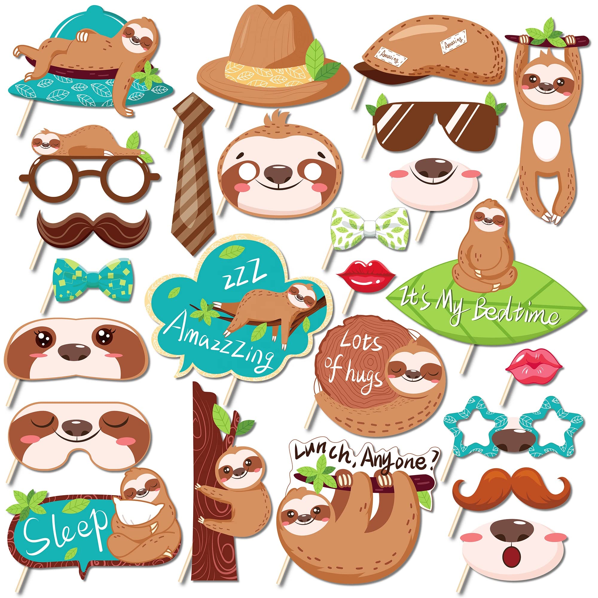 Kristin Paradise 25Pcs Sloth Photo Booth Props with Stick, Jungle Animals Theme Selfie Props, Birthday Party Supplies, Photography Backdrop Decorations