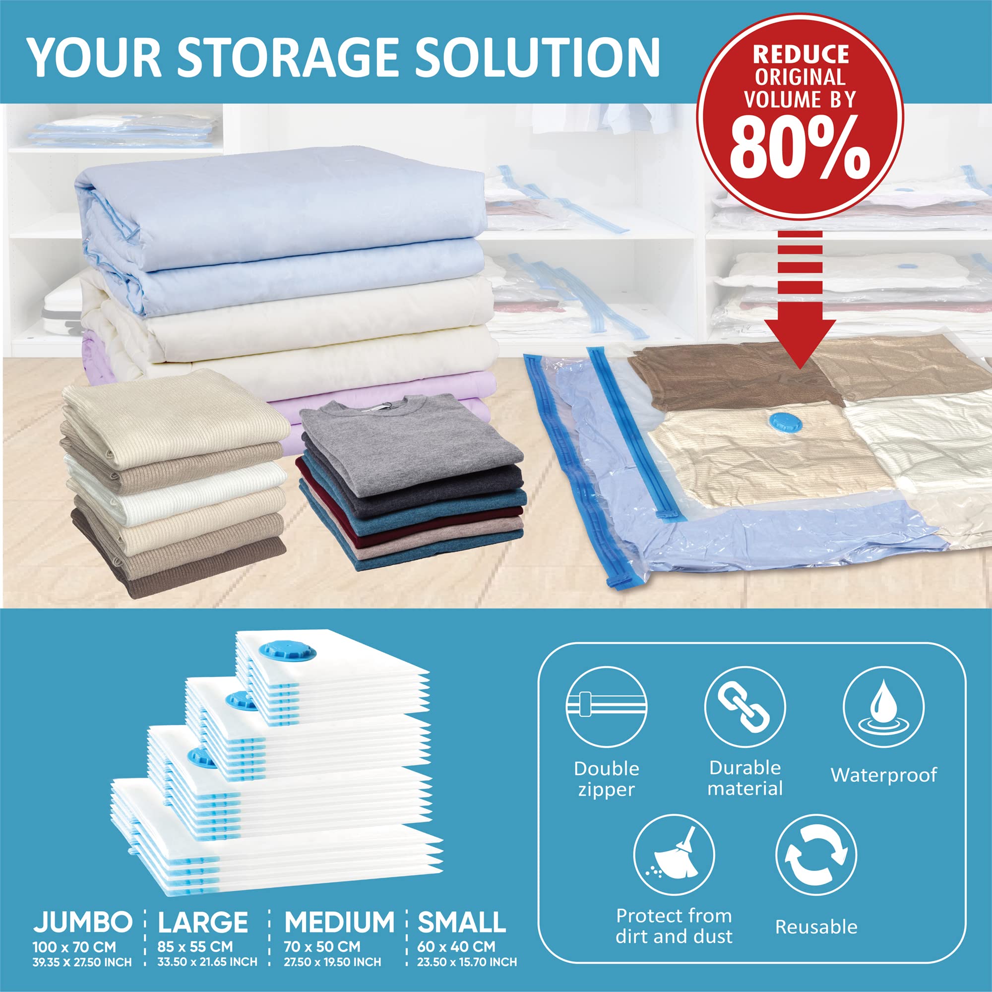 22 Vacuum Storage Bags with Hand Pump, 80% Space Saver Vacuum Seal Storage Bags for Clothing, Travel Lugggage, Blankets, Comforters