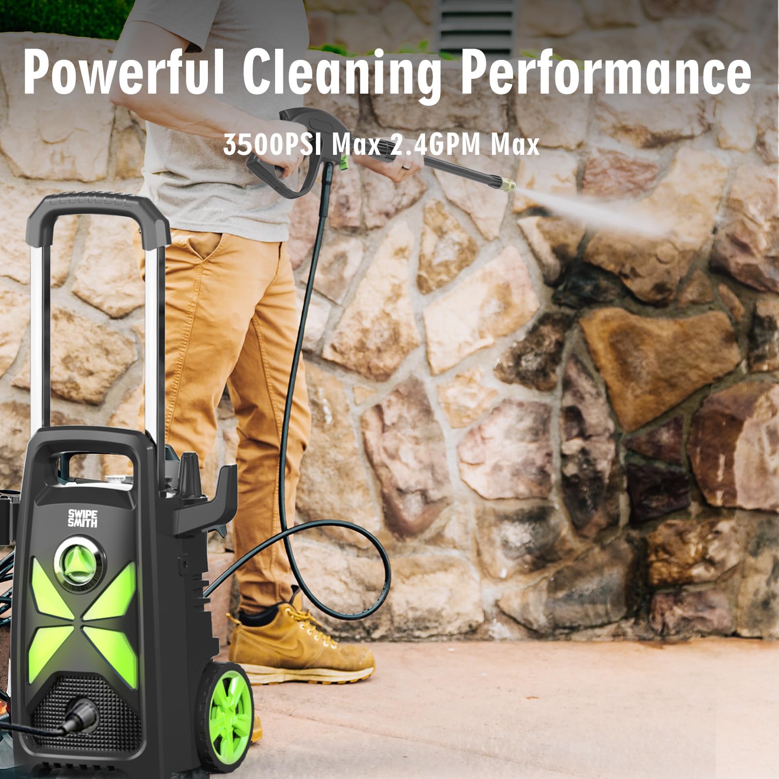 Electric Pressure Washer, SWIPESMITH 3800 Max PSI, 2.6 GPM Power Washer Machine with Hose Reel,4 Quick Connect Nozzles, Foam Cannon, for Cars, Patios, and Floor Cleaning (Dark Green)