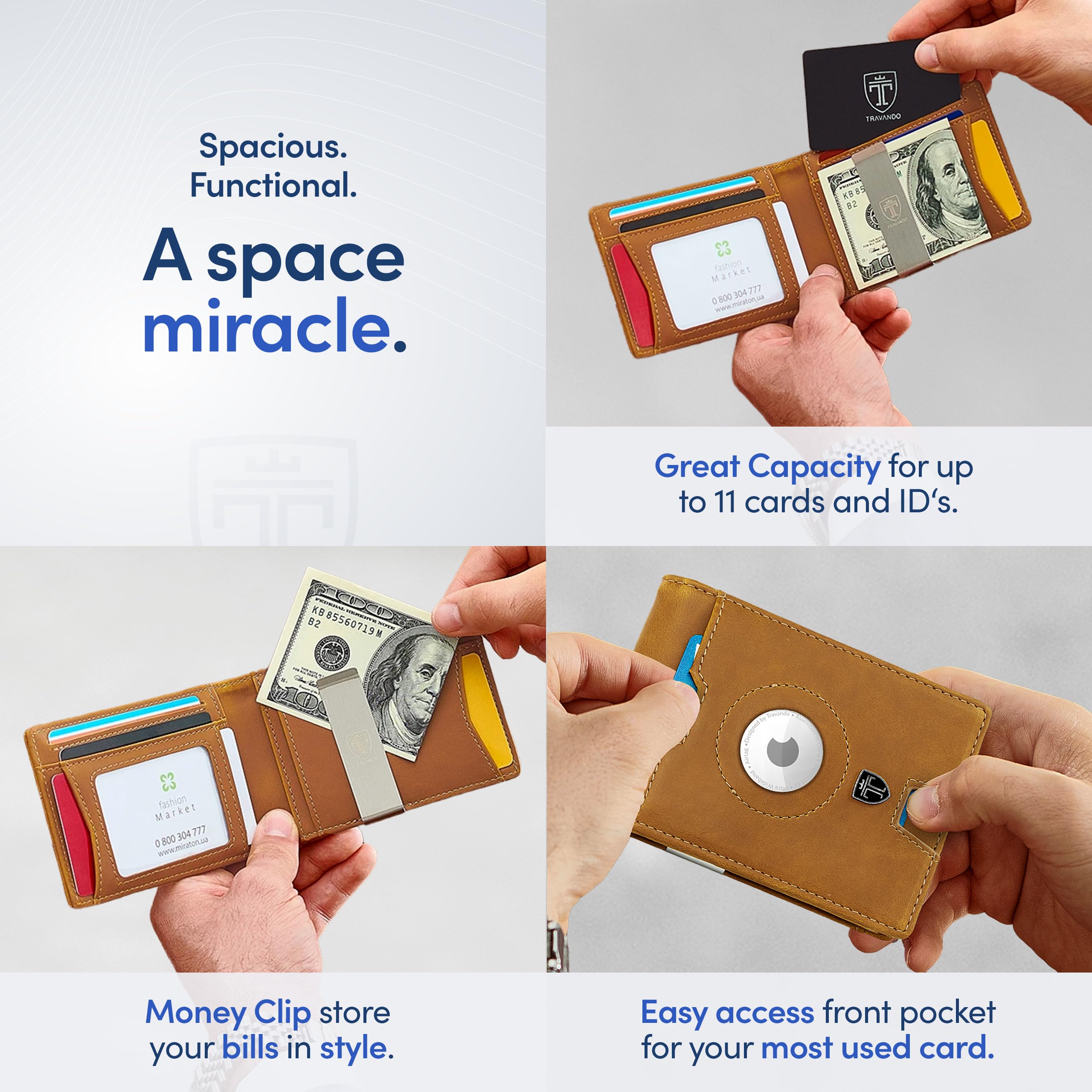 TRAVANDO AirTag* Wallet Mens Wallet with Money Clip Air Tag Wallet Card Holder RFID Blocking Bifold Gifts for Men
