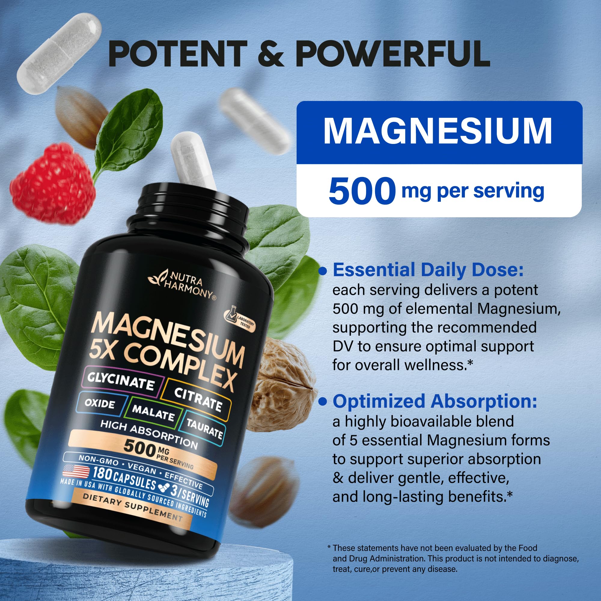 Magnesium Supplement - 5 in 1 Complex | Glycinate | Citrate | Malate | Taurate | Oxide - Made in USA - Stress, Muscle & Heart Support - Vegan, Natural, Non-GMO - 180 Capsules, 2 Month Supply