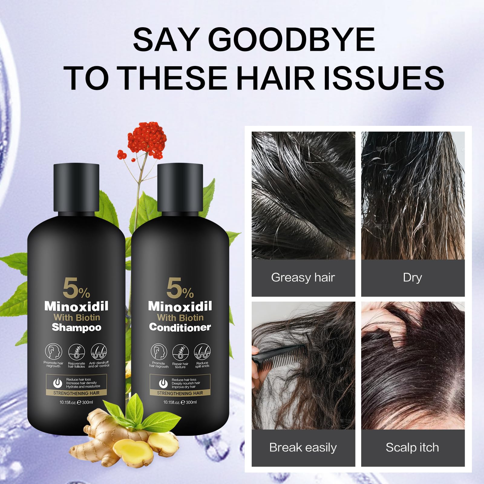 Minoxidil Shampoo & Conditioner Set for Hair Growth – Biotin, Ginseng & Ginger – Supports Thicker, Fuller Hair – Scalp Care Formula – For Men & Women – 600ml Duo