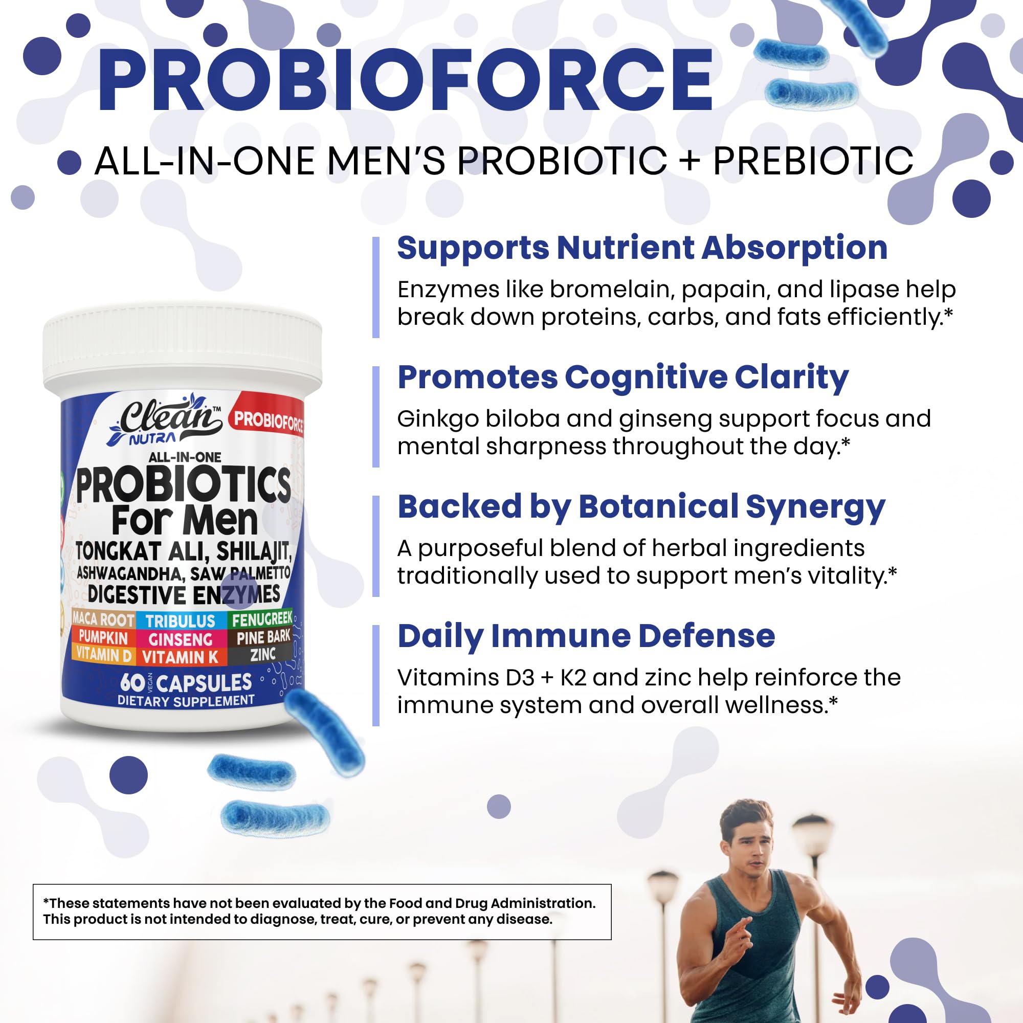 Clean Nutra Probiotics for Men | Tongkat Ali, Saw Palmetto, Tribulus, Ginseng, Ashwagandha, Maca, Pumpkin, Gingko Biloba, Pine Bark, Fenugreek, Shilajit, Zinc - Mens Probiotic 60 Capsules
