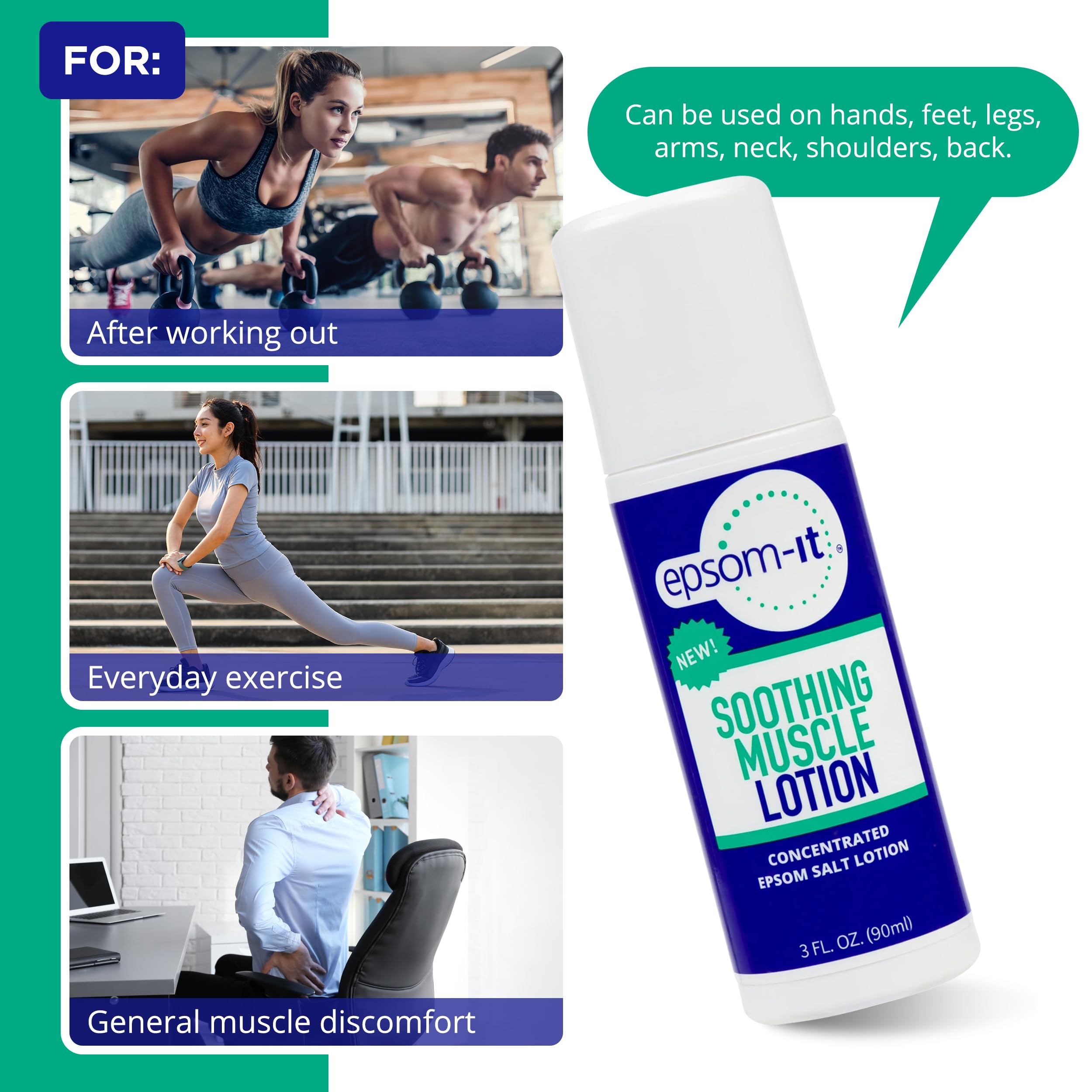 Epsom-It Soothing Muscle Lotion - Roll On Epsom Salt Lotion with Arnica for Muscle Aches and Stiffness, Leg Cramps, Knees and Tired, Achy Feet, Topical Magnesium Cream, 3oz.