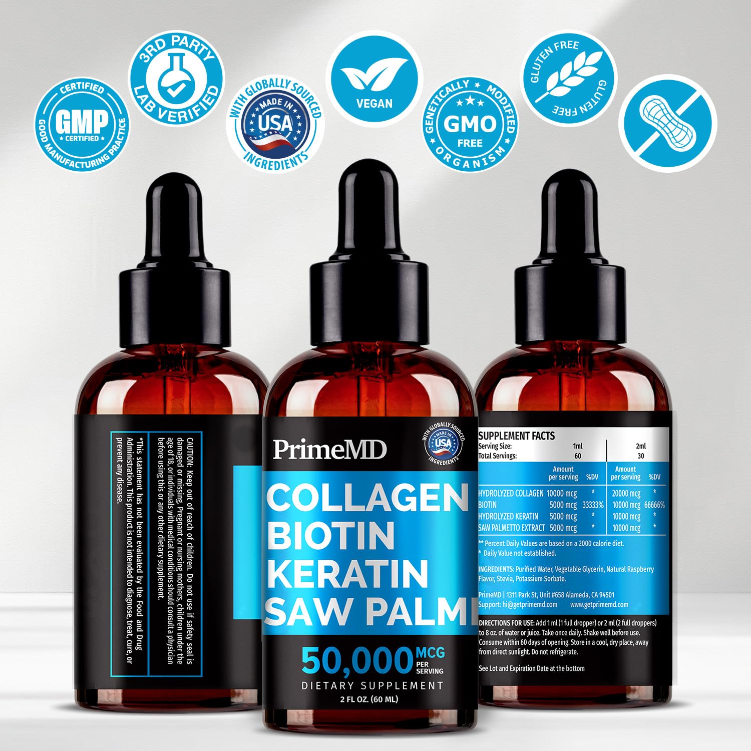 Liquid Collagen Peptides for Women - Serum Complex with Biotin Vitamin, Hydrolyzed Keratin Protein and Saw Palmetto - Comprehensive Formula for Hair, Skin, and Nails Wellness - 2fl oz (Pack of 2)