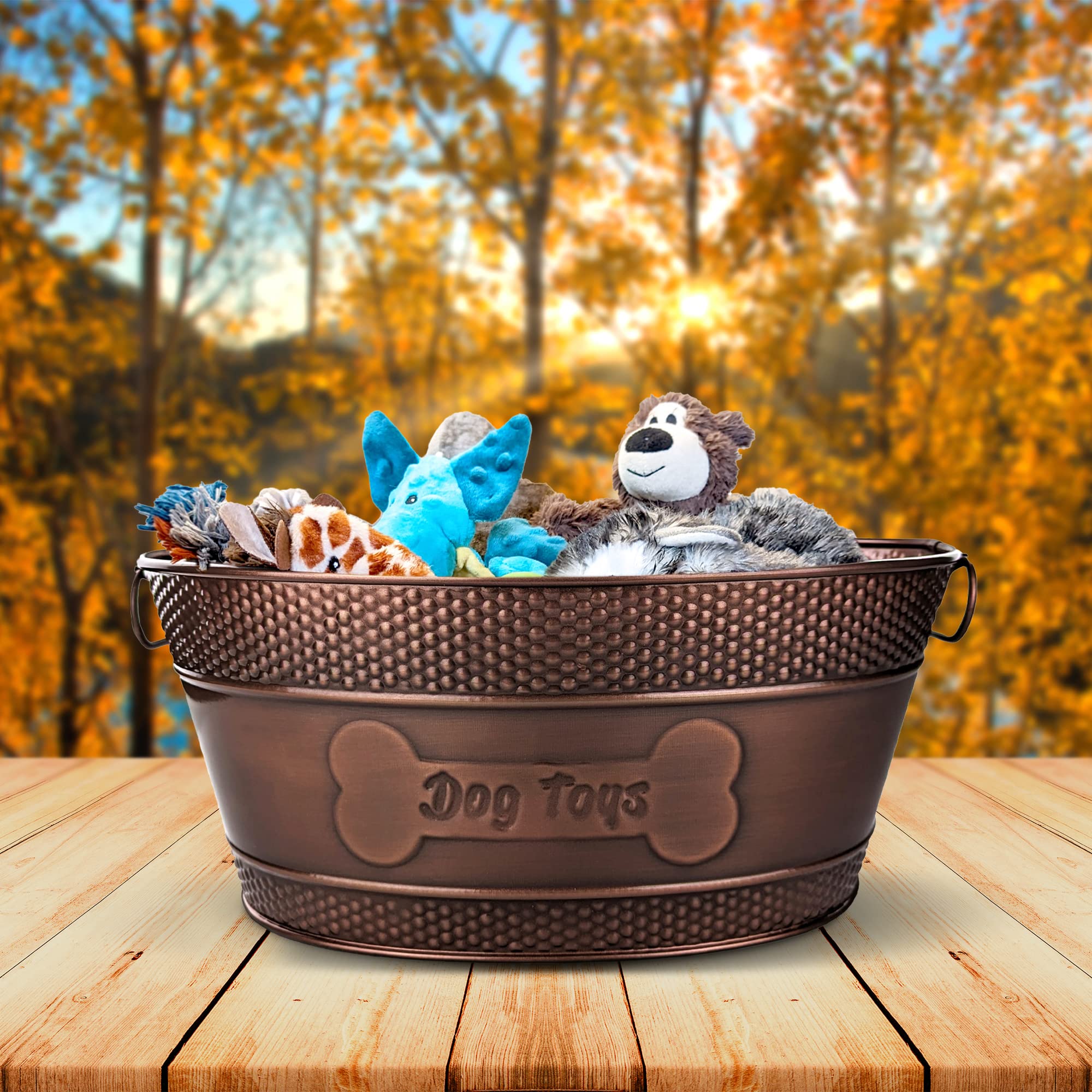 Indestructible Metal Dog Toy Bin - Copper Galvanized Storage Bin with Handles, Dog Toy Box for Dog Chew Toys, Blankets, & Leashes, Dog Bone Design Pet Toy Box (15-Quart)