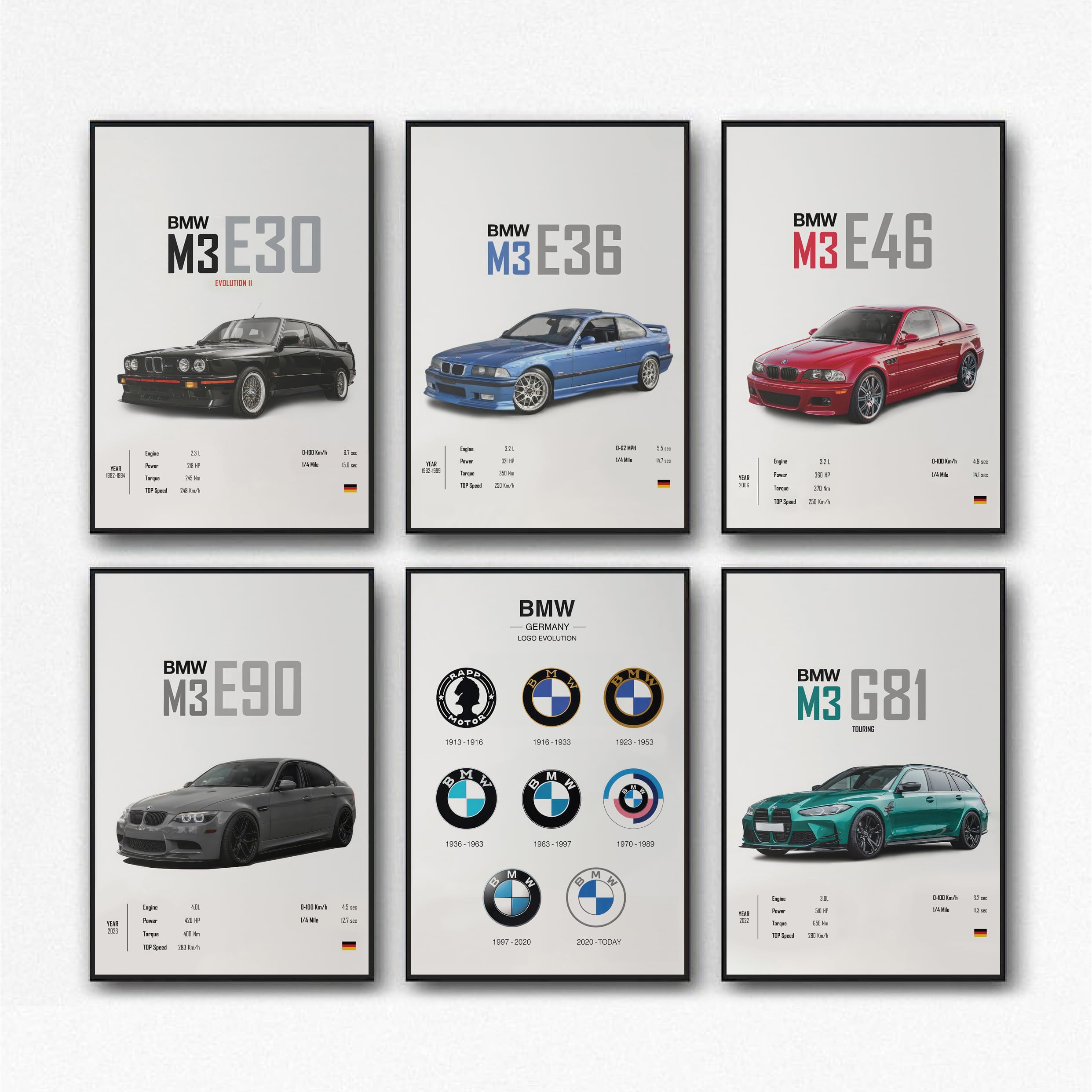 XUPUE BMW M3 Collection Posters 6PCS BMW E30 E36 E46 E90 G81 Posters For Boys Bedroom Men Cave Car Aesthetics Poster(Unframe,8x12inch,6 PCS)