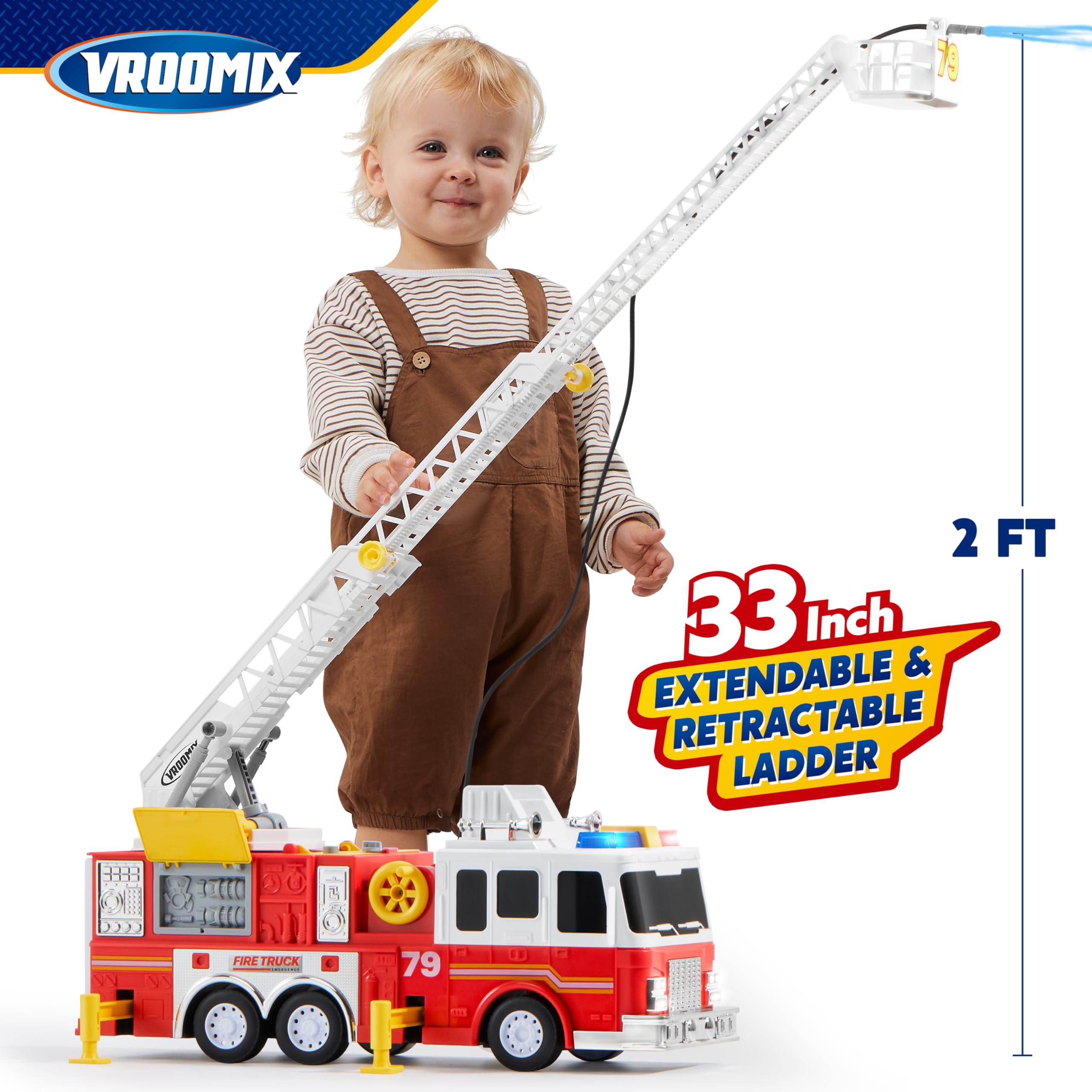 JOYIN Extra Large 33-inch Ladder Fire Truck Toy for Kids 3+ - Lights, Sirens, Hose, Pump