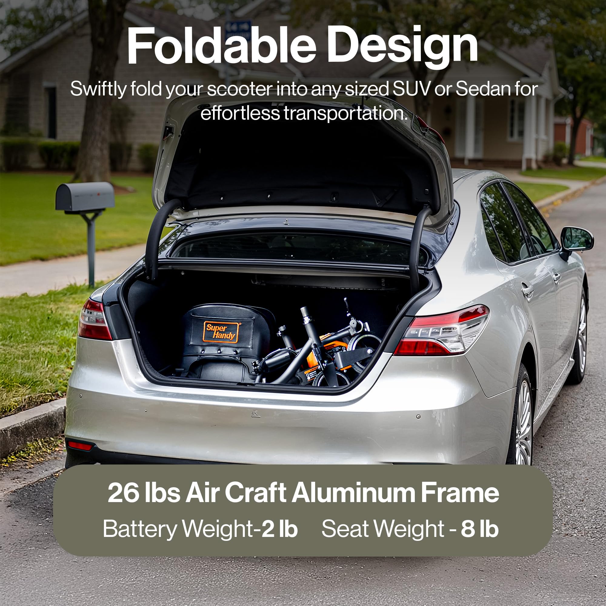 SuperHandy Passport Mobility Scooter for Adults - Foldable, 3 Wheel, Airline Travel Friendly - 6.5 Mile Range, 48V 2Ah Li-Ion Swappable Battery System (1 Li-Ion Battery)