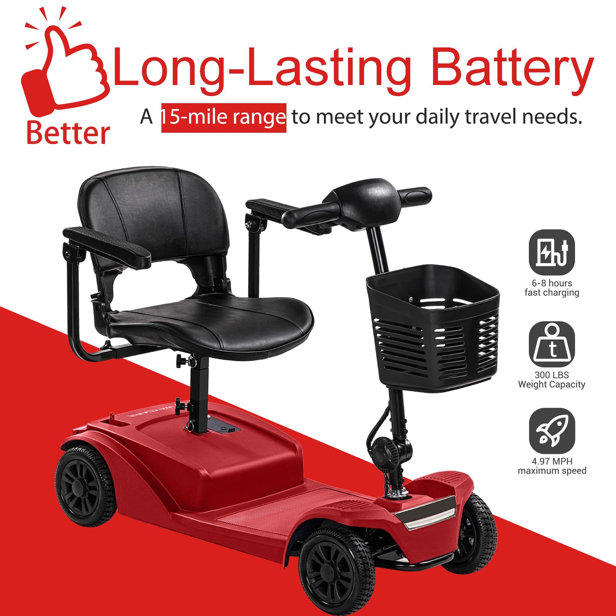 WayCare 15-25 Miles Long Range Mobility Scooter,Weight Capacity 300 LBS+ Powered Mobility Scooters for Seniors, Compact Duty Mobile for Travel with LED Headlight and Detachable Basket(Red)