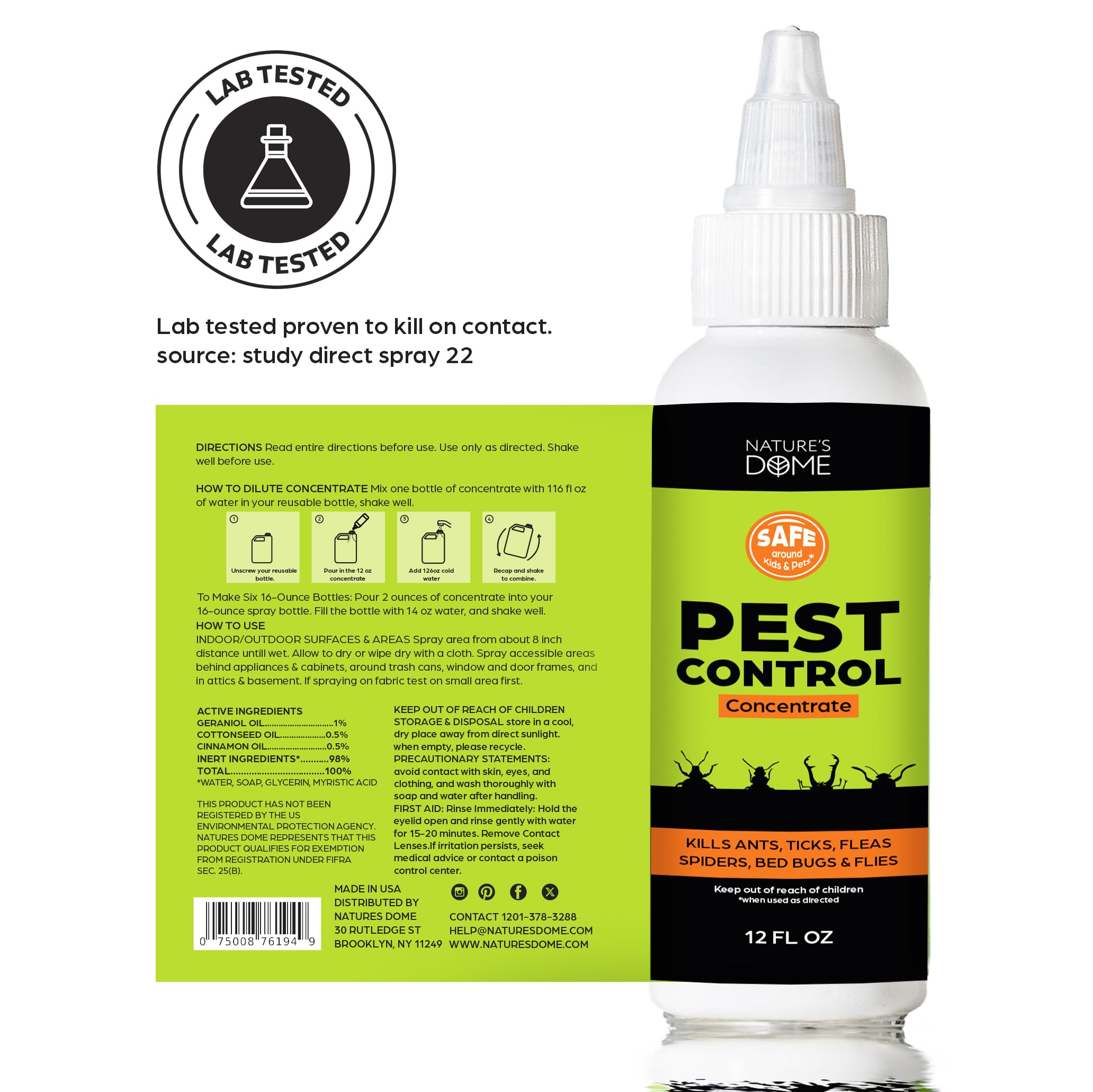 Nature's Dome 12 oz Pest Control Concentrate – Makes 1 Gallon – Eco-Friendly, Plant-Based Formula for Ant, Roach, Spider, Fly, Flea & Insect Control – Child & Pet Safe for Indoor/Outdoor Use