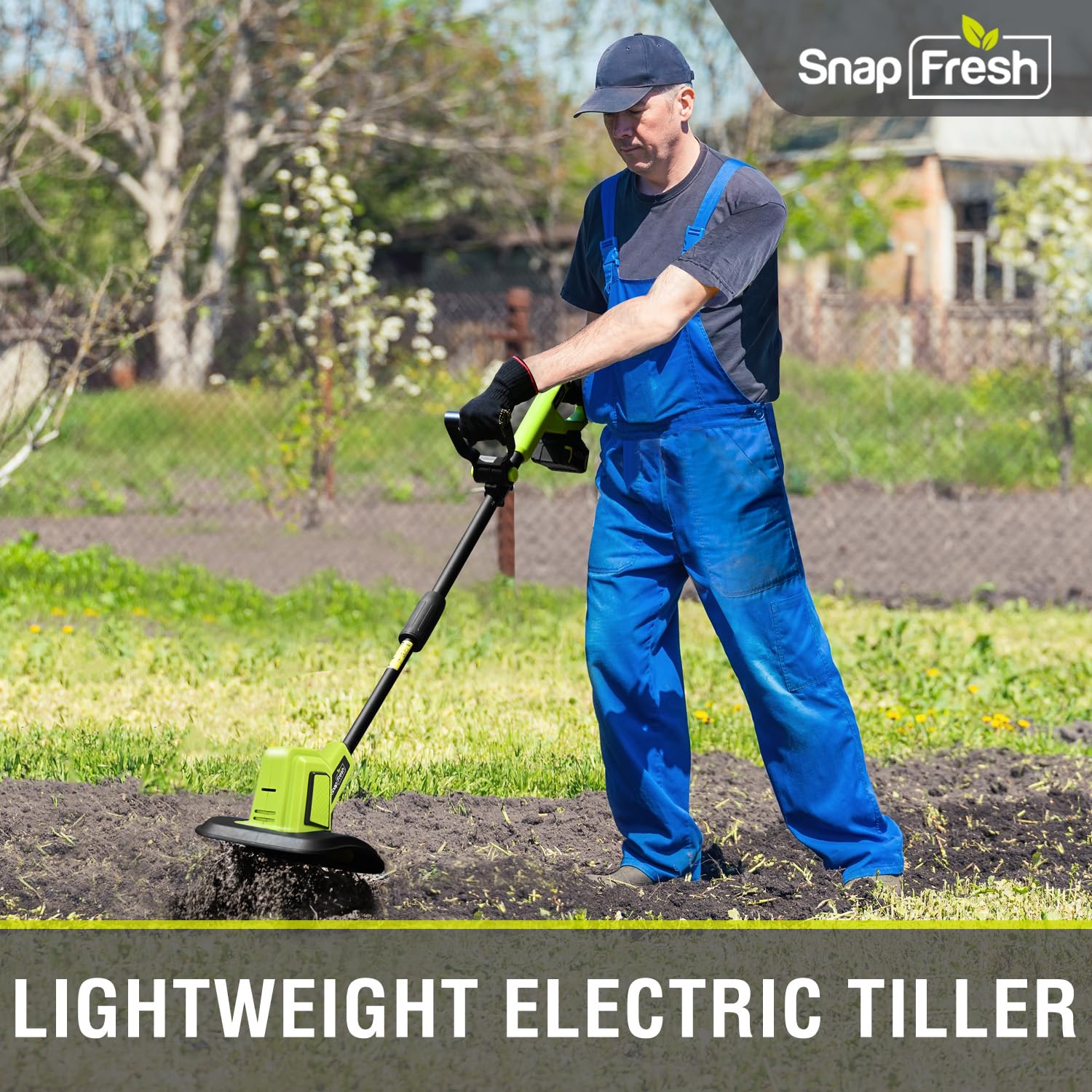 SnapFresh Cordless Tiller Cultivator, 20V Electric Garden Tiller with 4.0AH Battery and Fast Charger, 300 PRM Battery Powered Rototiller, 9" Width 6.6" Depth, 3 Speed Handheld Tiller with Steel Tines