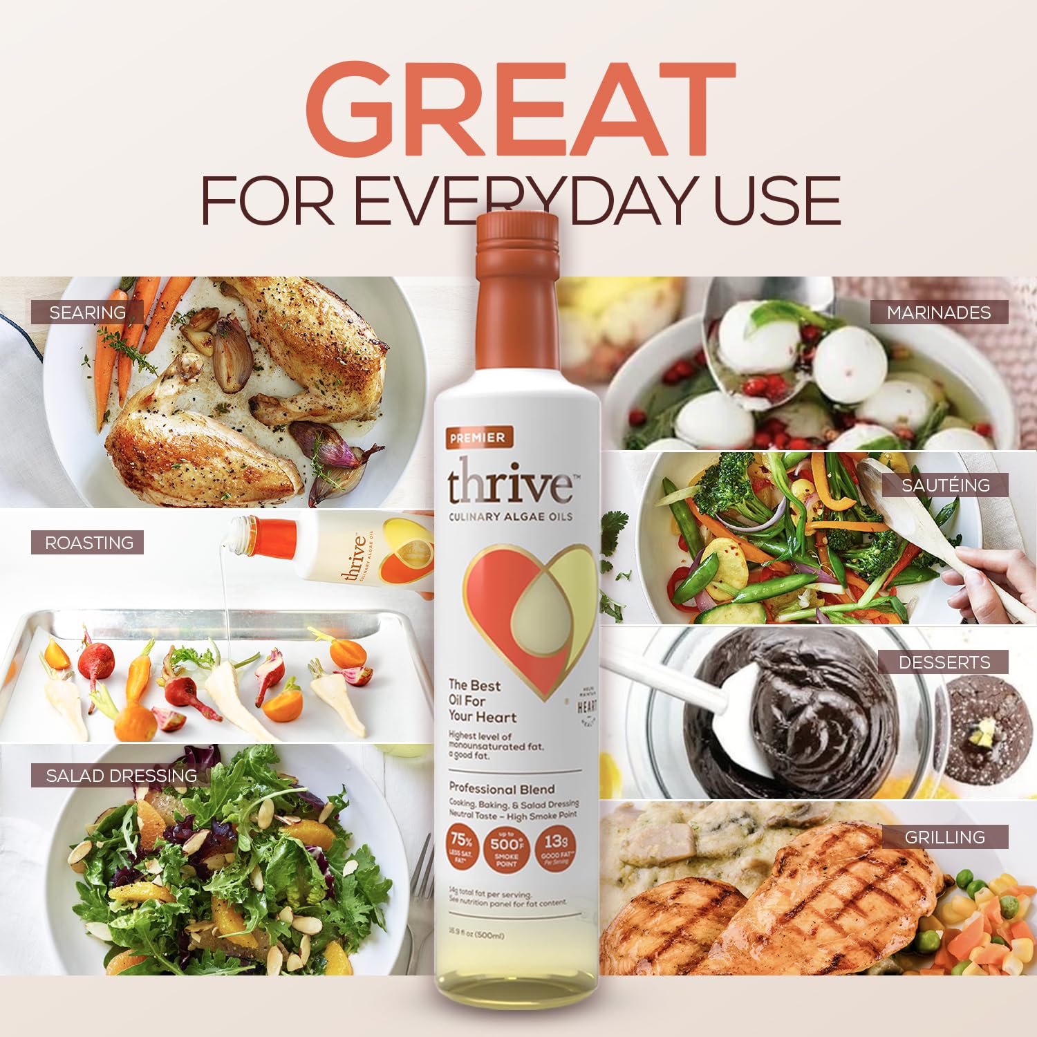 Thrive Algae Cooking Oil - Heart and Health-Conscious Cooking Oil, Rich in Omega-9 Monounsaturated Fat, Premier Blend, 16.9 fl oz