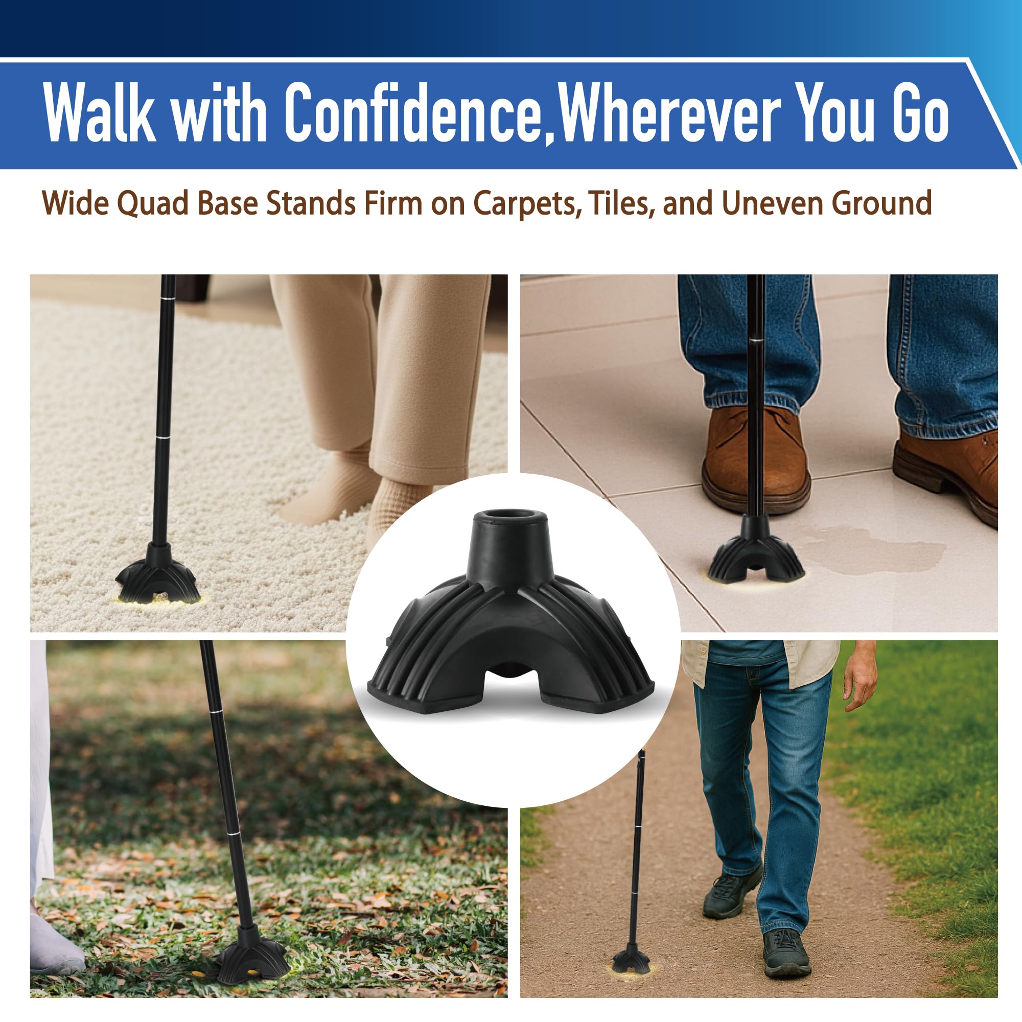 Trekology Foldable Walking Cane for Seniors - Folding Walking Stick for Men and Women with Quad Self-Standing Base for Stability & Balance - Adjustable, Lightweight with Locking Design - Travel Ready