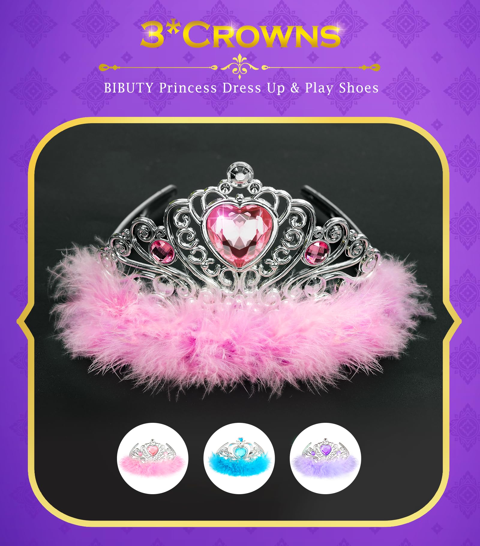 BIBUTY Princess Dress Up Shoes , Dress Up Clothes Pretend Play Costumes-3 Sets of Princess Shoes, Dresses and Crowns, Princess Accessory Toys for 3-6 yr Girl Birthday Gifts