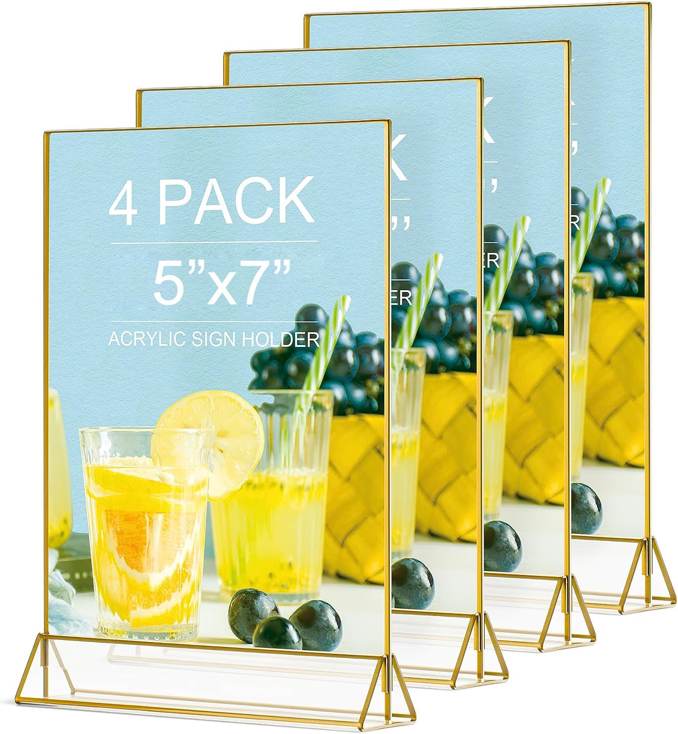VORIOB Acrylic Sign Holder 5X7 Gold Frames,Clear Sign Holder,Table Sign Holder for Wedding Table Numbers Art Display 4Pack