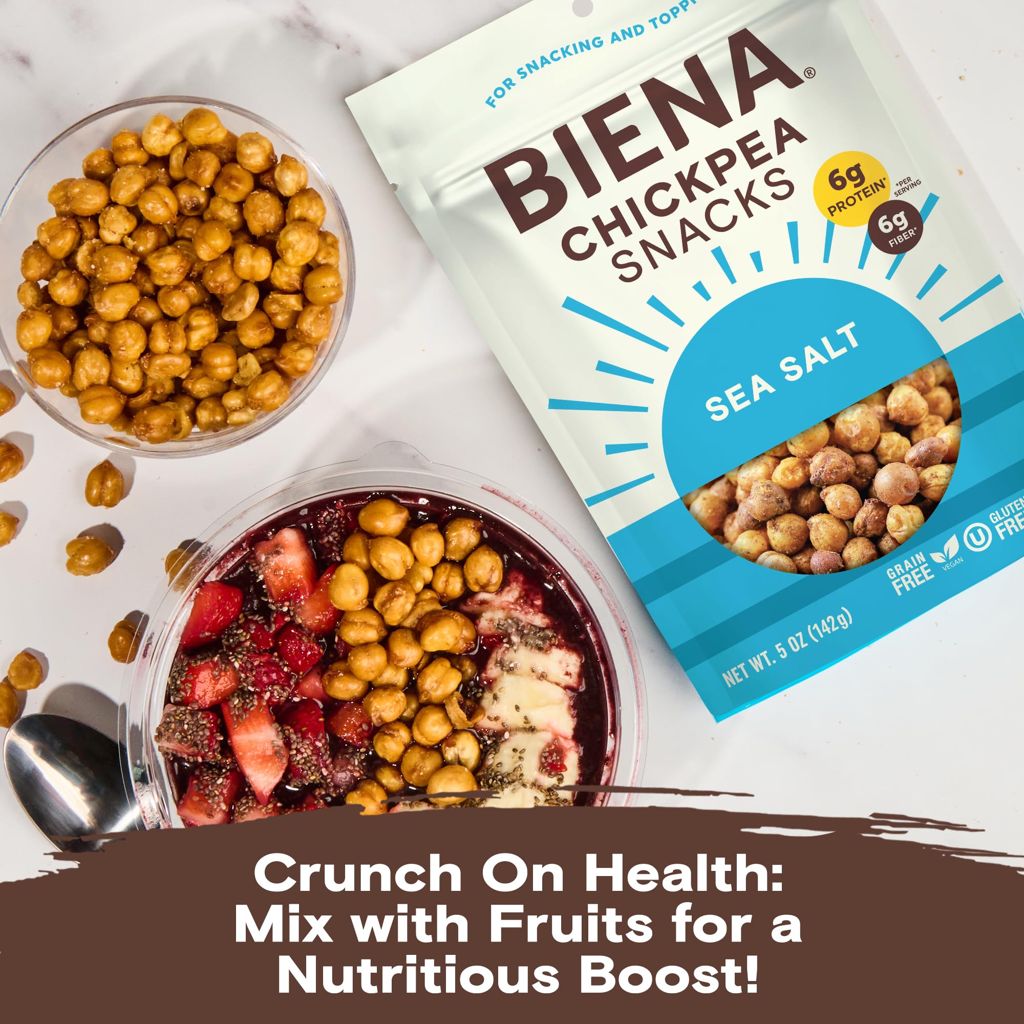 BIENA Chickpea Snacks - Crunchy Roasted Chickpeas - High Fiber Vegan Protein Snacks for Adults and Kids - 8-Pack, 5 Ounce Bags - Sea Salt