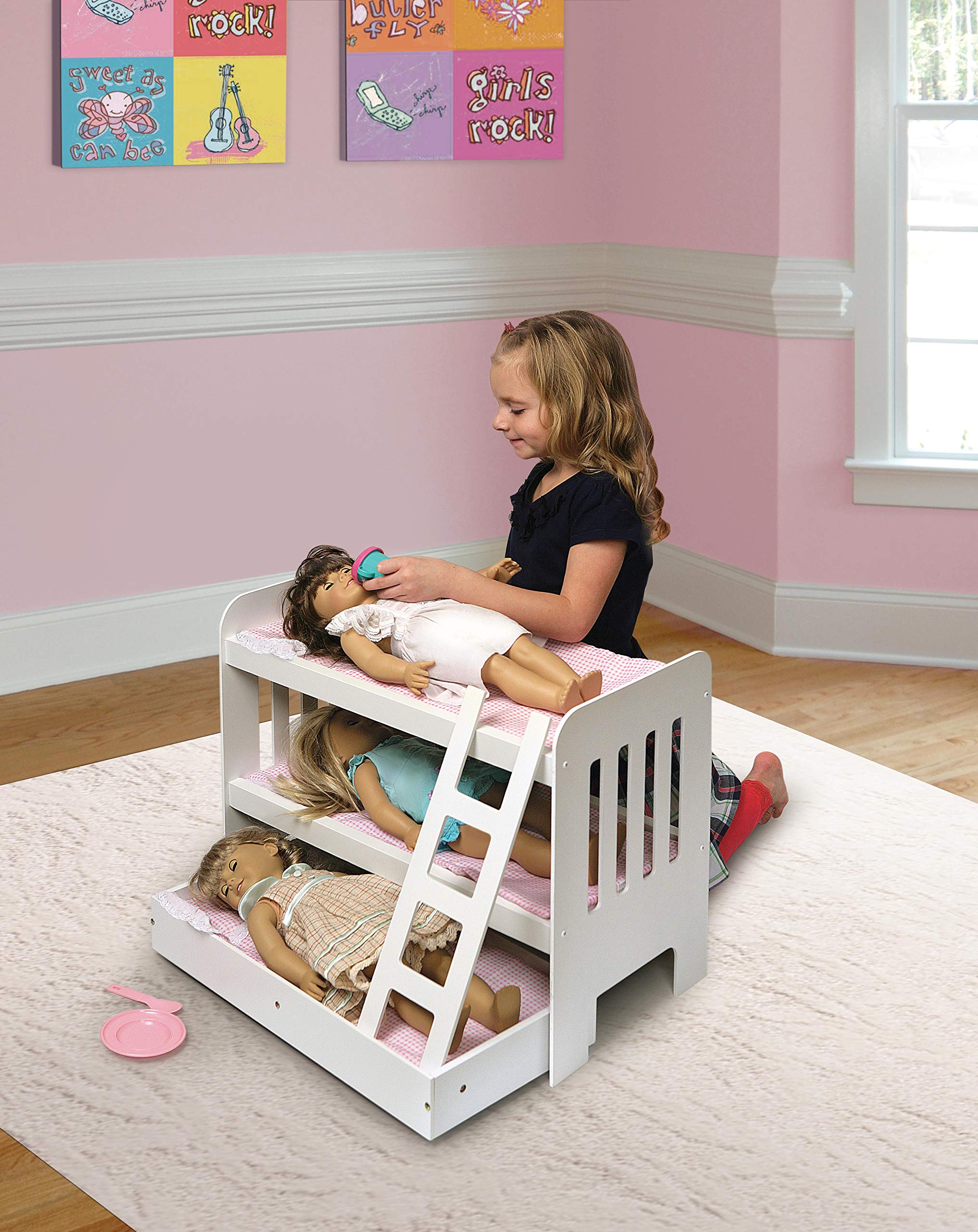 Badger Basket Wooden Trundle Doll Bunk Bed with Ladder, Bedding, and Personalization Kit - Fits 18-22 Inch Dolls, White/Pink for Pretend Play