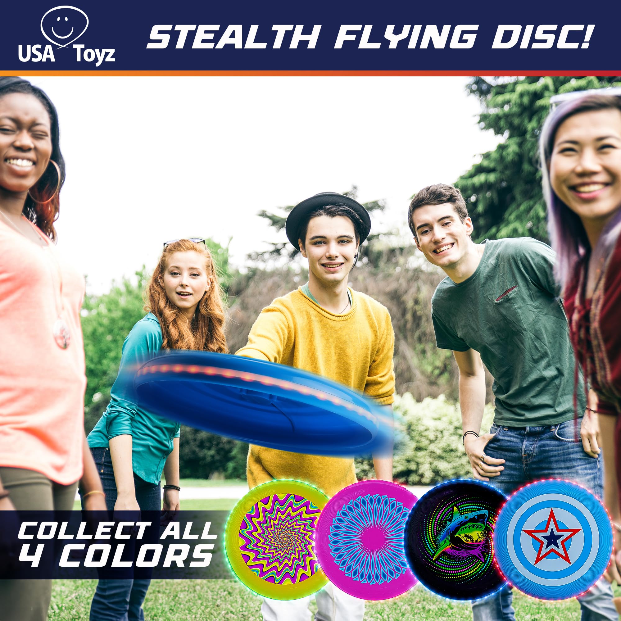 USA Toyz Stealth LED Flying Disc- Light Up Disc for Adults and Kids, 49 LEDs Glow in The Dark Disk, 2 LED Arm Bands, Sport Golf Ultimate Disc Outdoor Game Set, Waterproof Glow Hover Discs (Red/Blue)