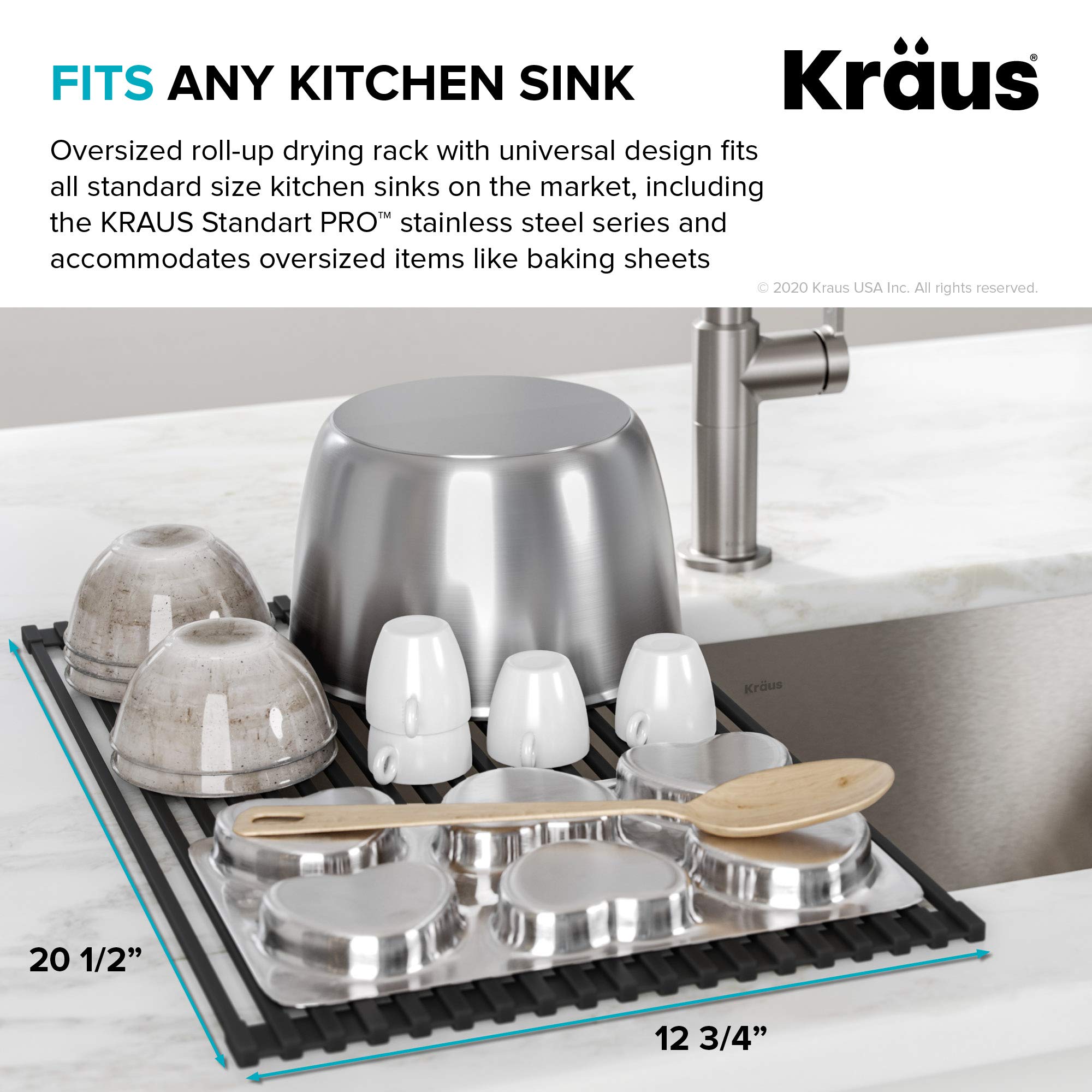 Kraus Multipurpose Over-Sink Roll-Up Dish Drying Rack, Colander and Trivet in Black, KRM-10BLACK