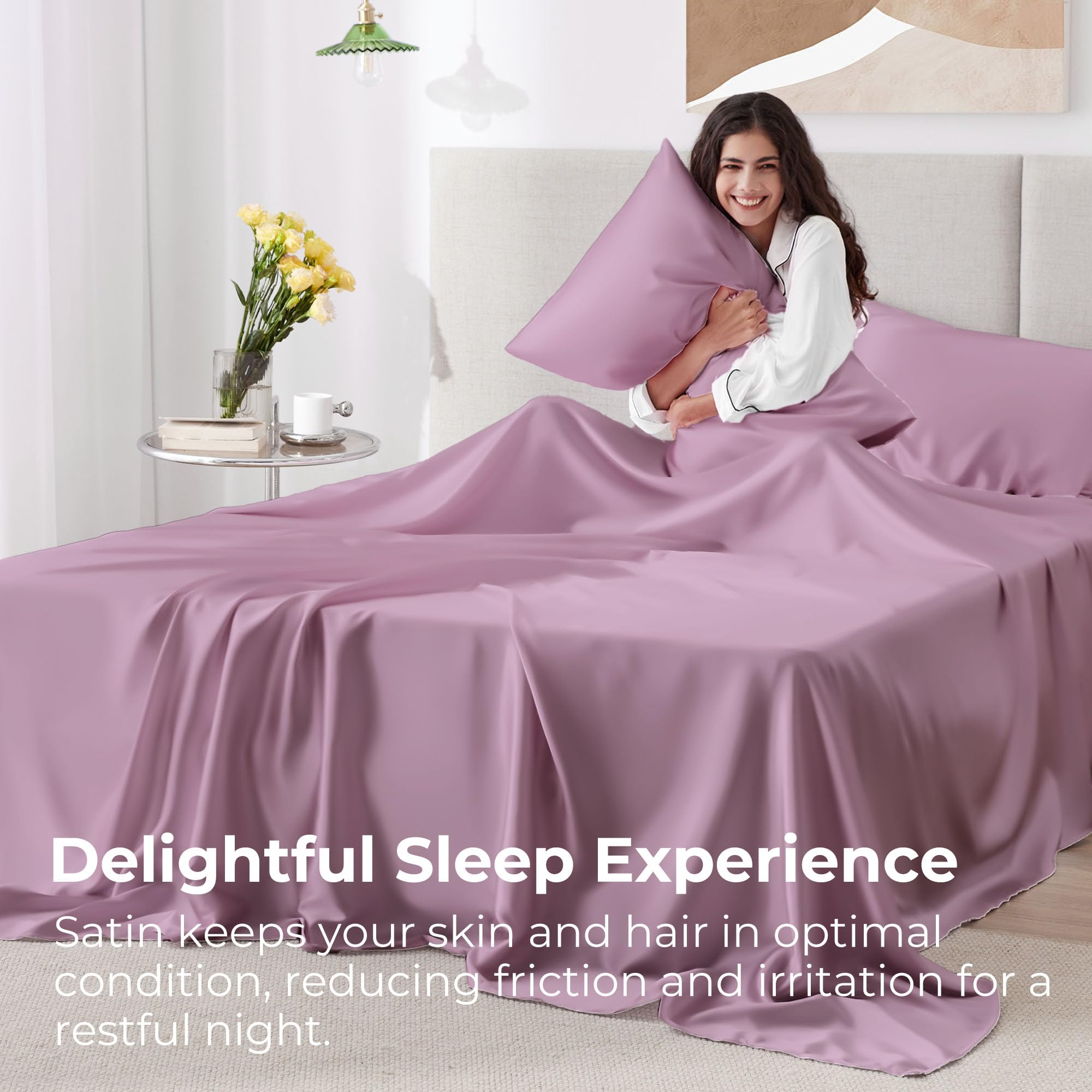 Seasonwood Satin Sheets Set Queen Size 4 Pieces 1800 Microfiber 2 Pillowcase 20''x30'' Red Bean Sand Satin Sheets