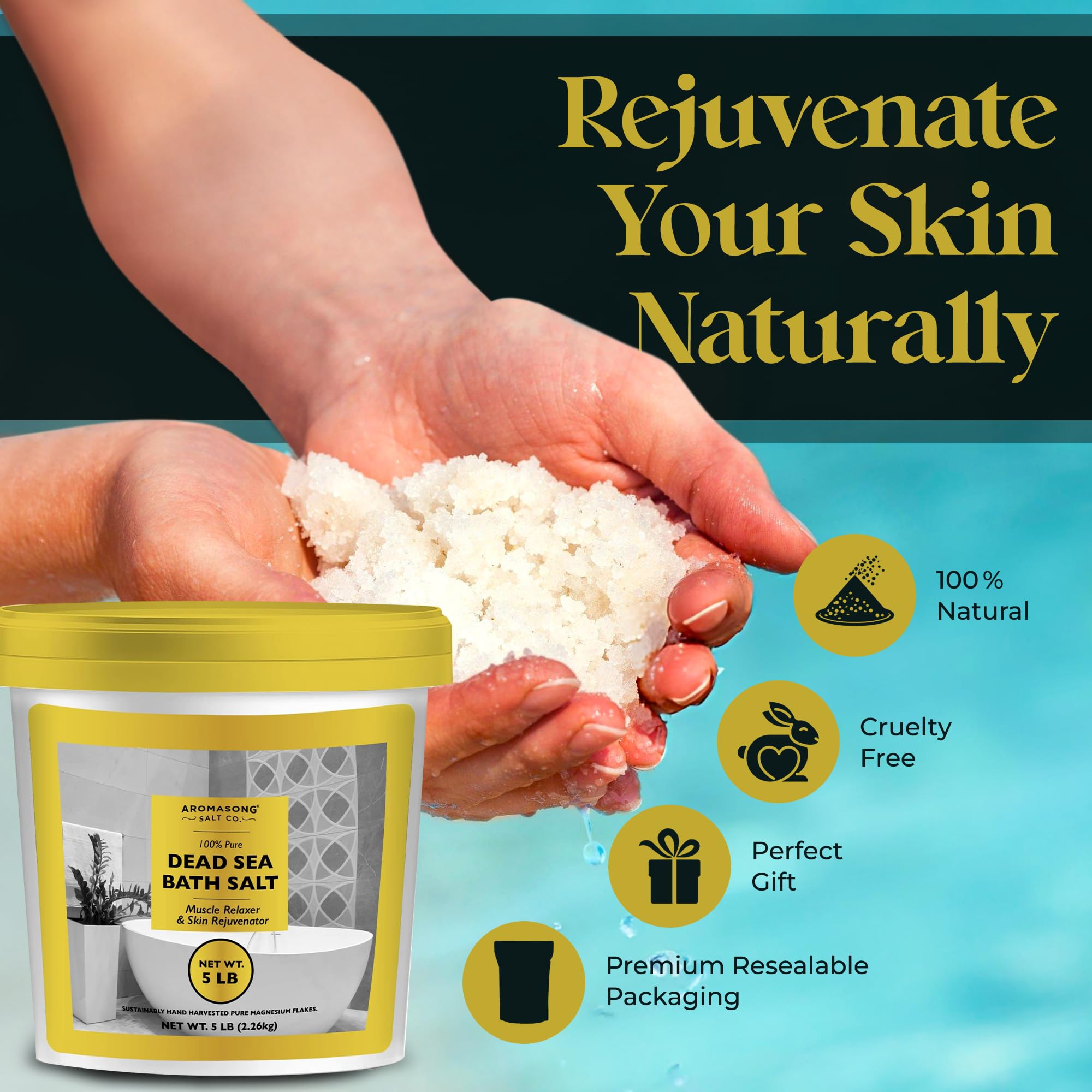 Aromasong Dead Sea Salts for Soaking - 5 Lb. Fine Grain Bath Salt Soak in Bucket
