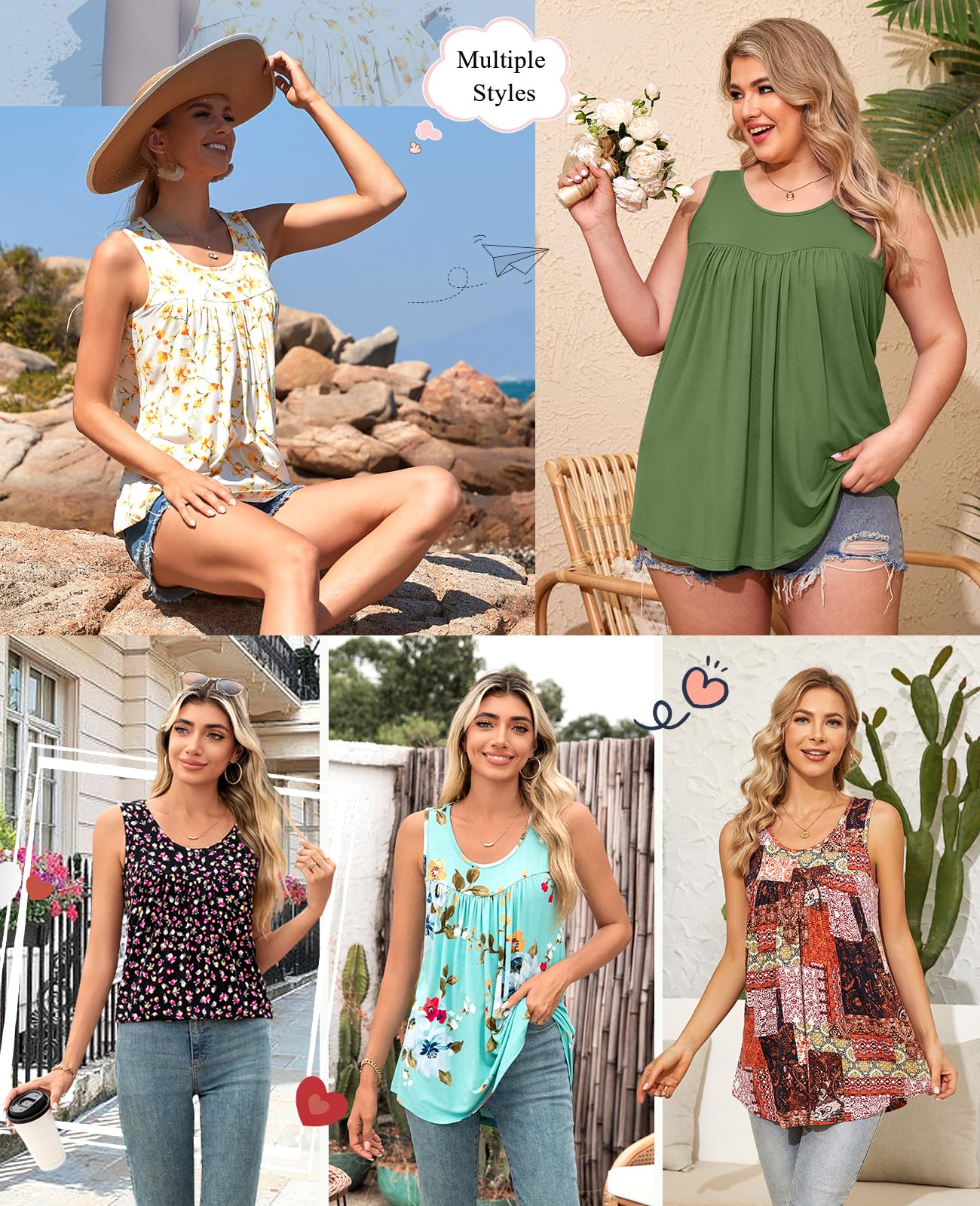 Anydeer Womens Summer Tank Tops Sleeveless Shirts 2025 Casual Tunics Loose Fit Blouses for Ladies Plus Size M-4XL, 4XL, Small Floral-Black