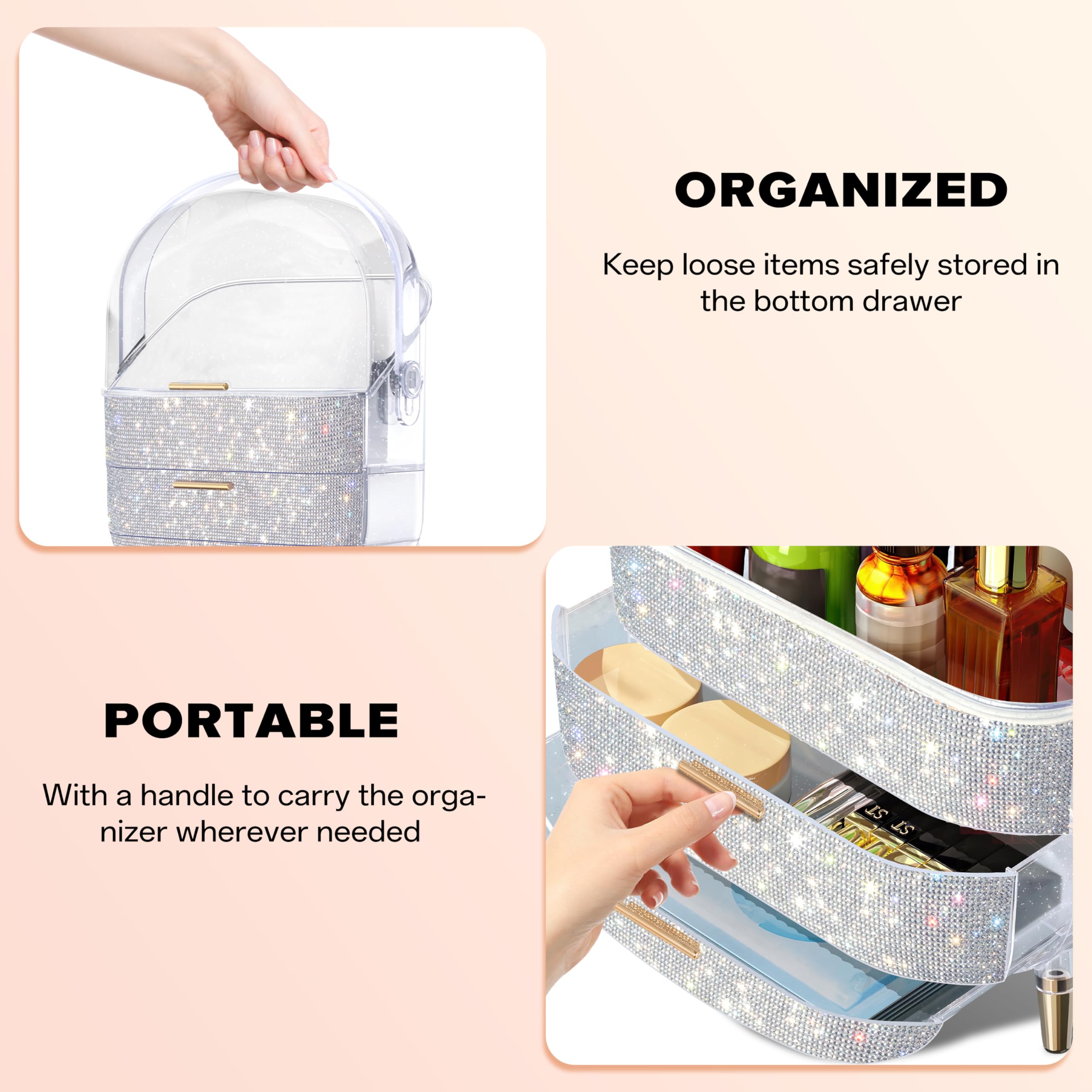 MASSY Egg Shape(Oval) Makeup Storage Box, Countertop Portable Vanity Cosmetics Organizer Preppy Style (Rhinestone)