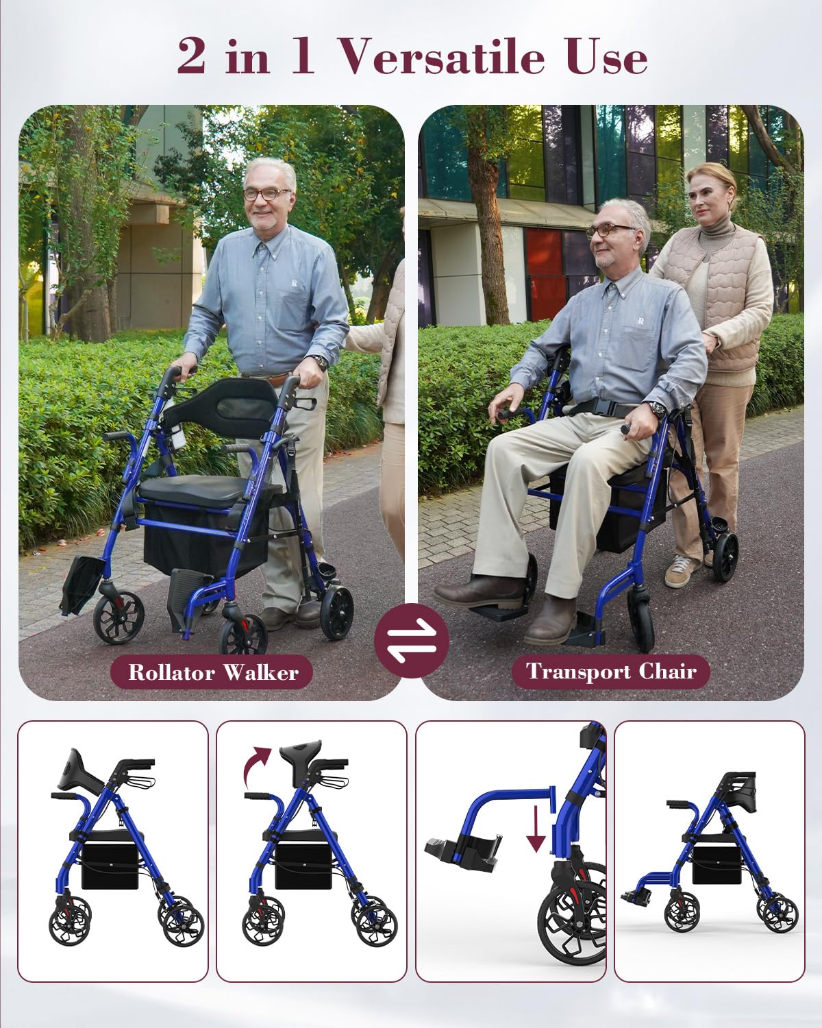 Fvzzin Walkers for Seniors with Seat, Extra Wide 2 in 1 Rollator Walker & Transport Chair with Reversible Backrest & Detachable Footrests, Foldable Wheelchair Combo with 8" Anti-Slip PU Wheels, Blue