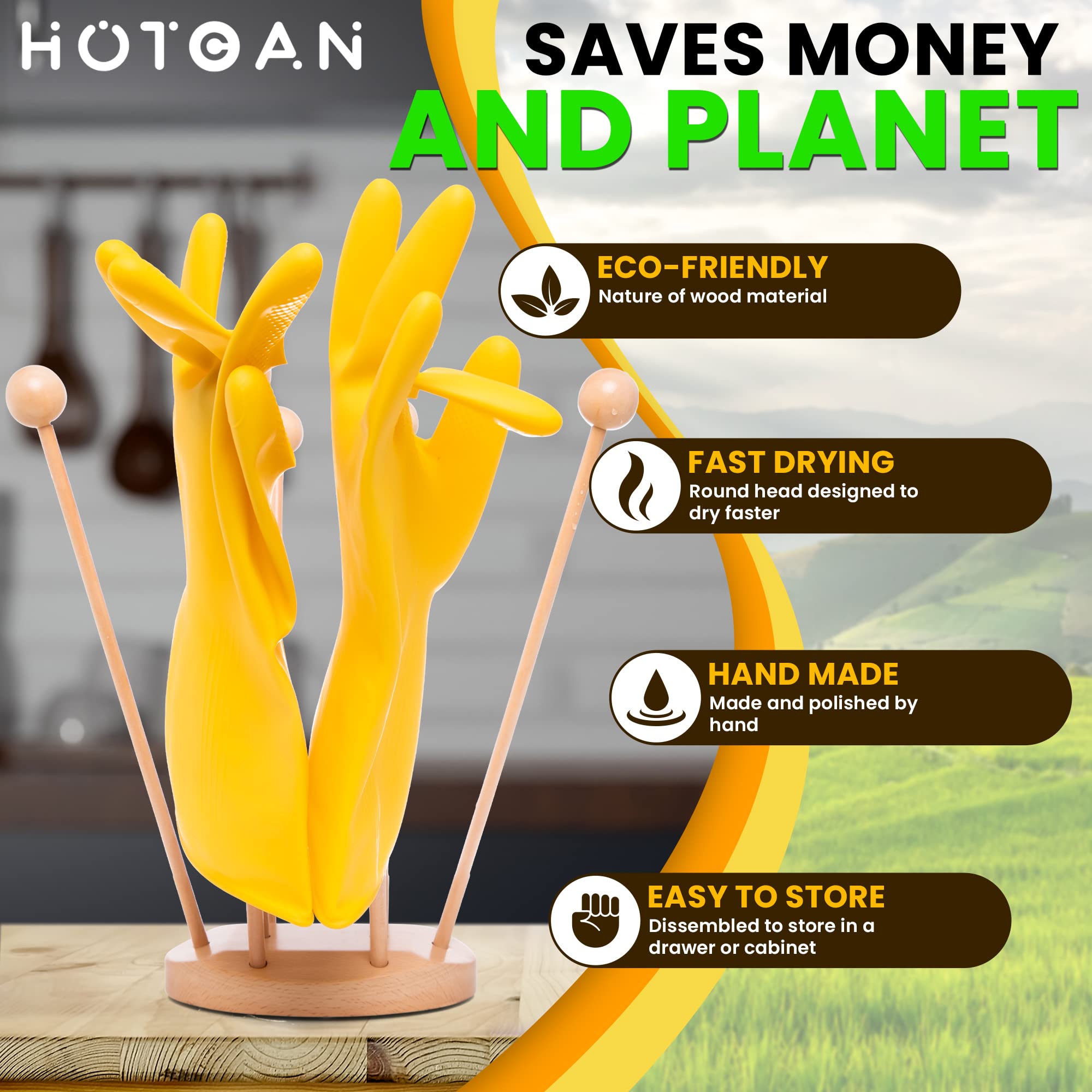 HOTCAN Beech Wood Plastic Bag Drying Rack - Reusable Bag & Bottle Dryer, Space-Saving Design for Kitchen, Easily Assembled and Disassembled for Storage