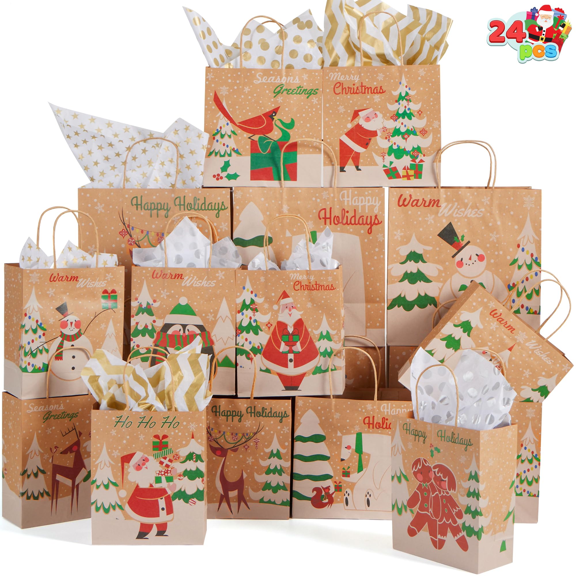 JOYIN 24 PCS Christmas Kraft Gift Bags with Assorted Christmas Prints for Kraft present Bags, Christmas Goody Bags, Xmas Gift Bags, School Classrooms and Party Favors (not included tissue paper)