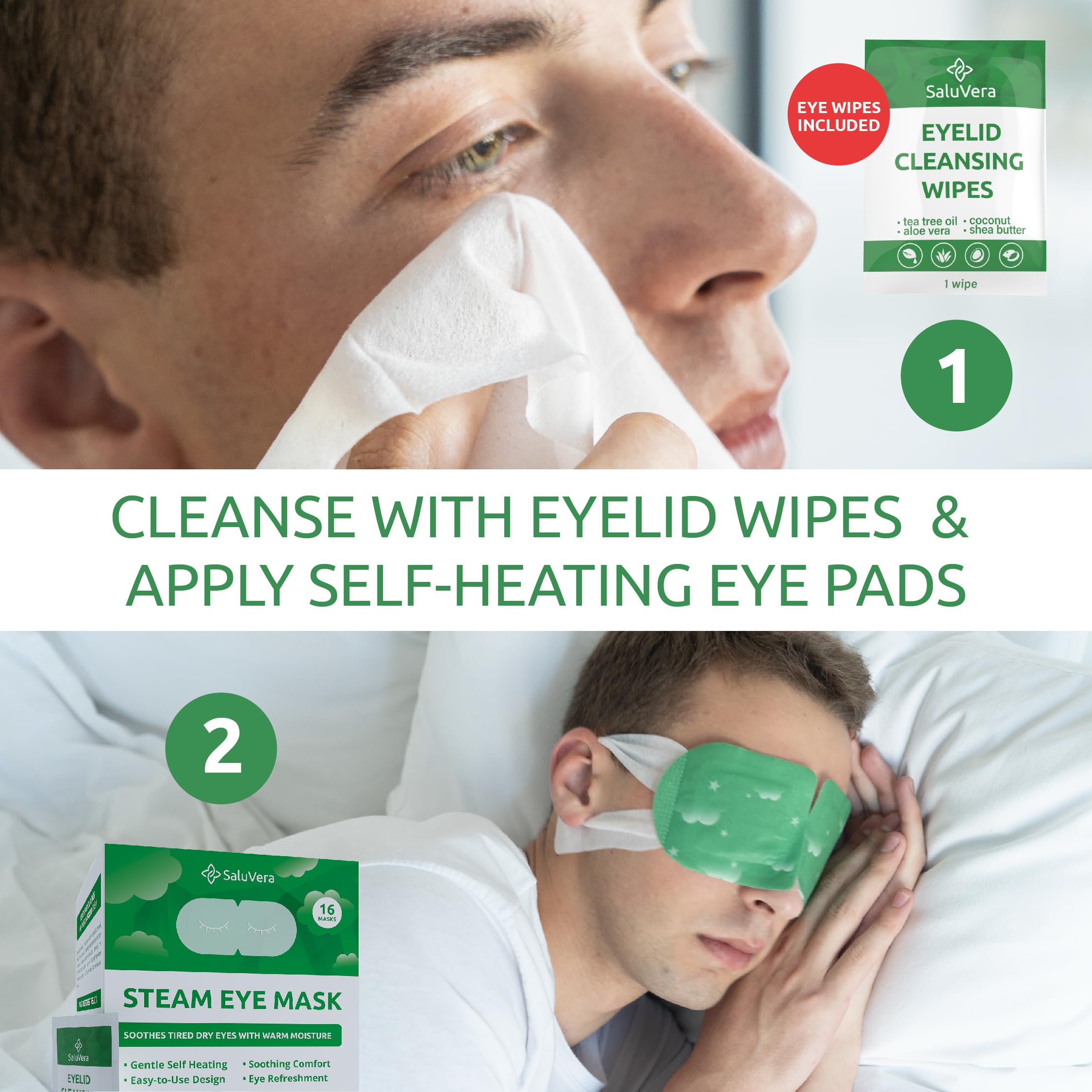SaluVera Steam Eye Mask for Dry Eyes with 5 Eyelid Cleansing Wipes, Self Heating Eye Compress for Dry Eyes, Soothe and Relax with 40-50 min Spa Eye Mask, Self Warming Eye Masks for Well-Being 16 pcs