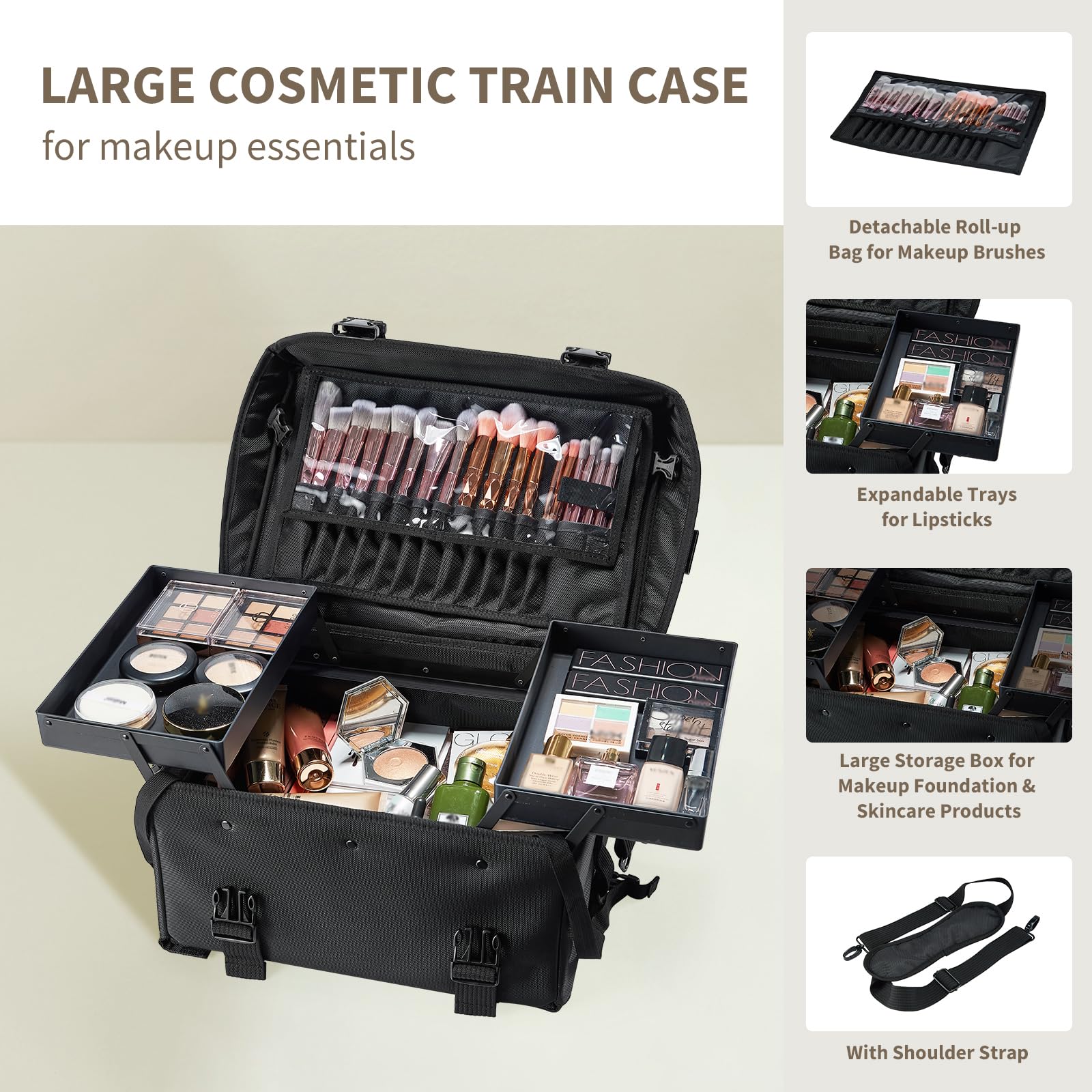 Costravio Travel Makeup Bag, Cosmetology Case on Wheels, 2 IN 1 Hair Tool Organizer, Rolling Nail Organizer Train Case, Large Cosmetic Trolley Suitcase for MUA/Hairstyling/Home-care/Groomer, Black