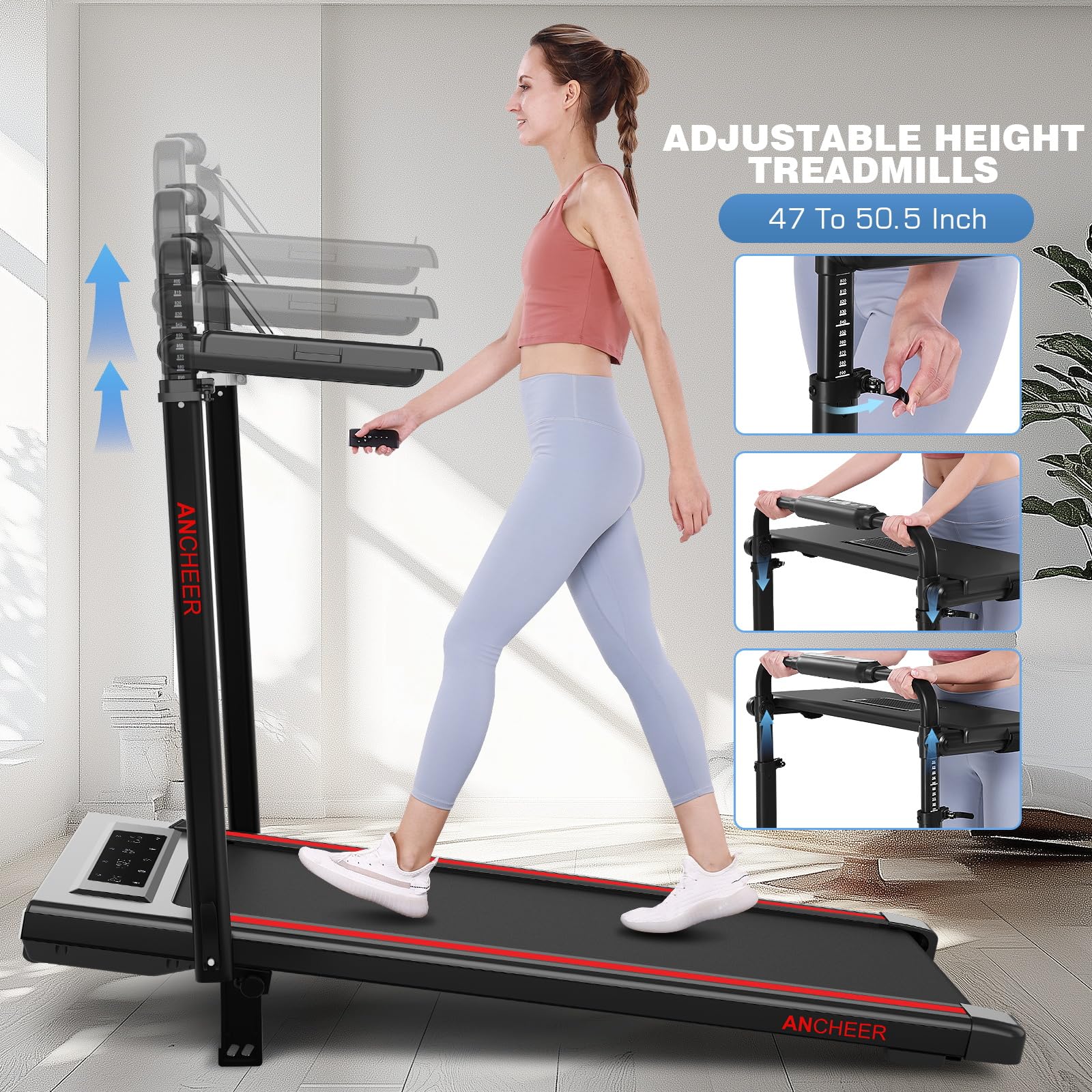 ANCHEER Treadmill with Desk Workstation& Adjustable Height, Folding Treadmill with 8% Incline,3.5HP Walking Pad for Home, 300lbs Weight Capacity/Ultra-Quiet/3 Type Control(Black Red)