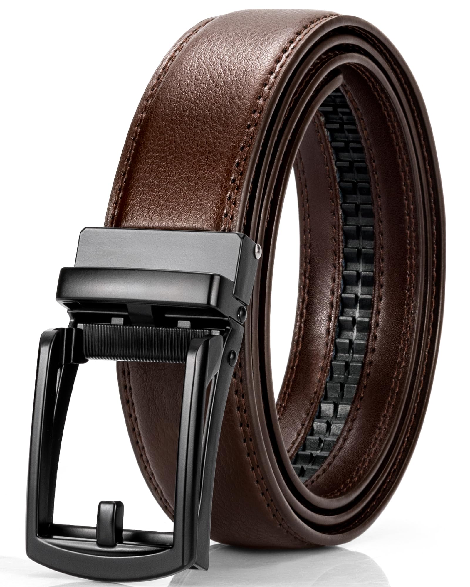 maikun Mens Brown Leather Belt Men, Ratchet Belt Men, Click on Belt, Casual Dress Belt Every Day For Waist Size 31-35"