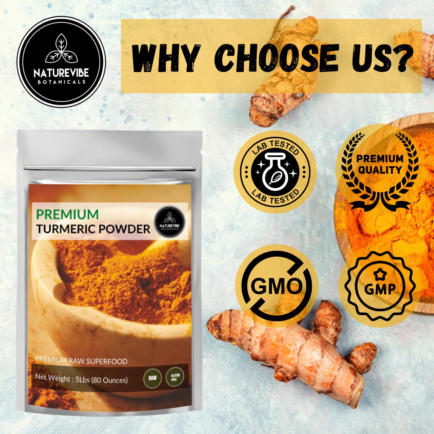 Premium Quality Turmeric Root Powder with Curcumin 5lbs by Naturevibe Botanicals | Raw Turmeric Root Grounded |100% Pure, Non-GMO and Gluten Free (80 Ounces)