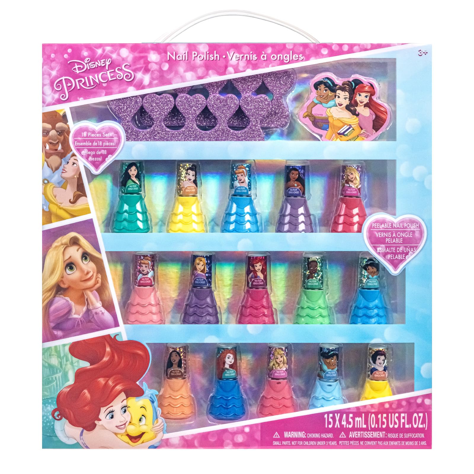Disney Princess 15 Piece Water-Based Nail Polish with 3 Toe Spacers, Quick Dry, Peel Off, Gift Kit Set for Kids Girls, Ages 3 by Townley Girl