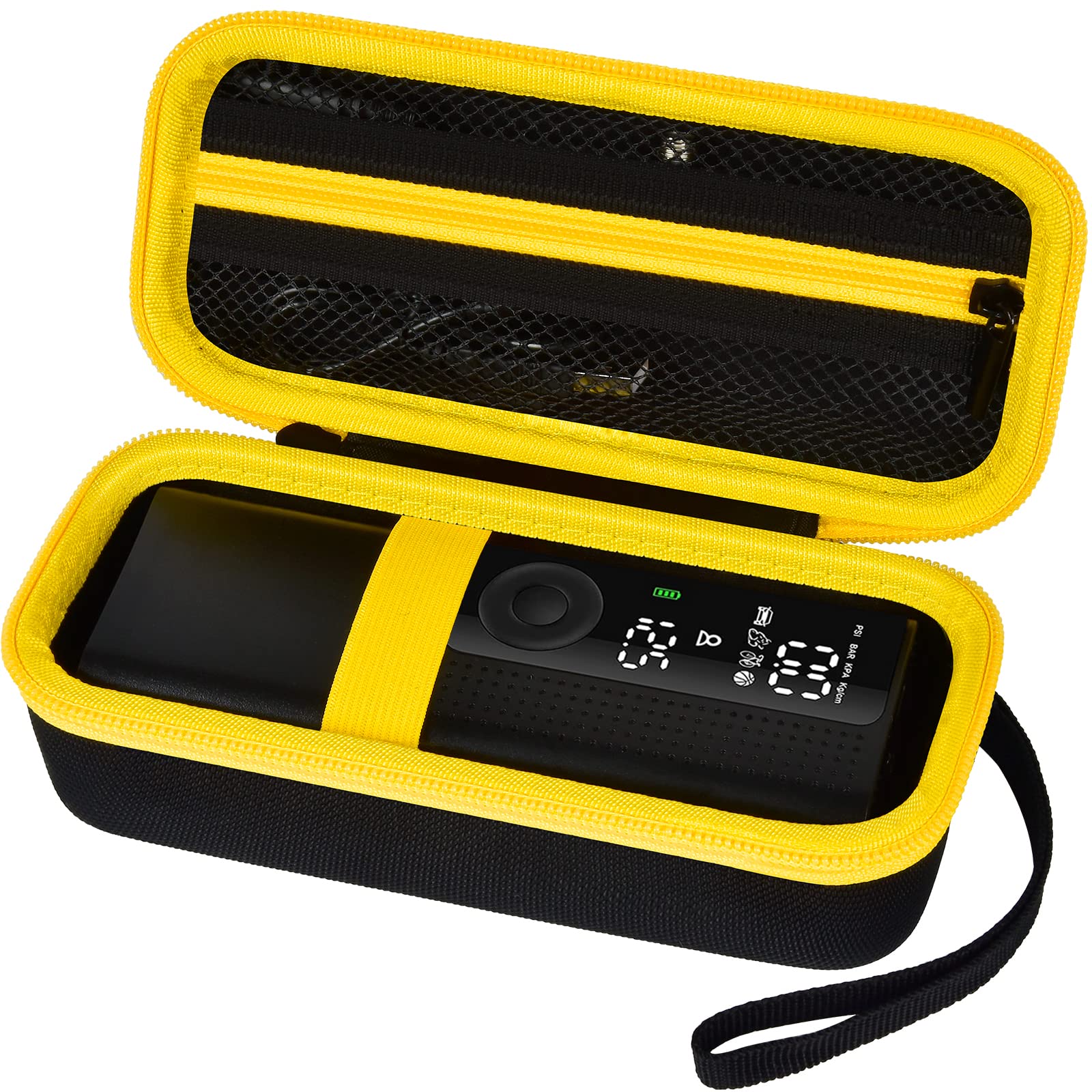 Case Compatible with Portable Air Pump, 120 PSI Air Compressor, Car Tire Inflator Storage Bag for USB Cable, Air House, Connector and Accessories (Box Only)-Black+Yellow Zipper