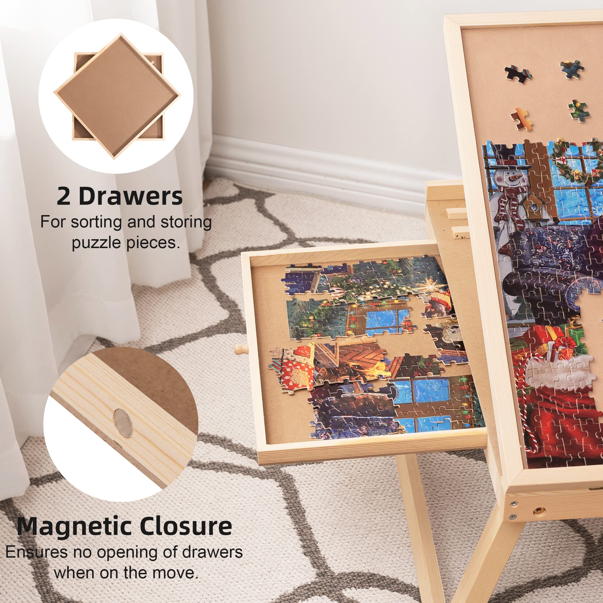 Lavievert Tilting Puzzle Table with 2 Drawers, Adjustable Jigsaw Puzzle Board for Adults & Kids, Portable Wooden Puzzle Plateau with Folding Legs & Non-Slip Tabletop for Up to 1000 Pieces