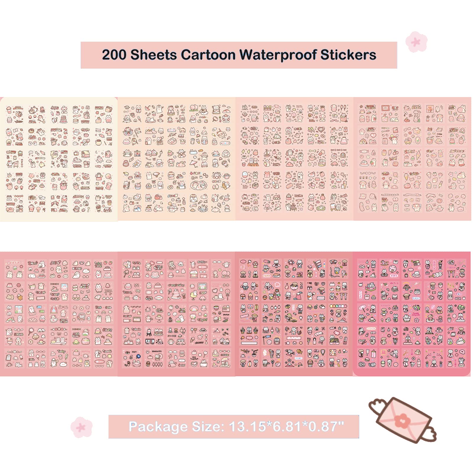 Doraking Waterproof Vinyl Transparent Flower Stickers, Kawaii Stickers for Notebook Laptop Scrapbook Journaling, 200 Sheets Cartoon Cute Stickers Boxed Gifts for Kids Teens Girls Boys