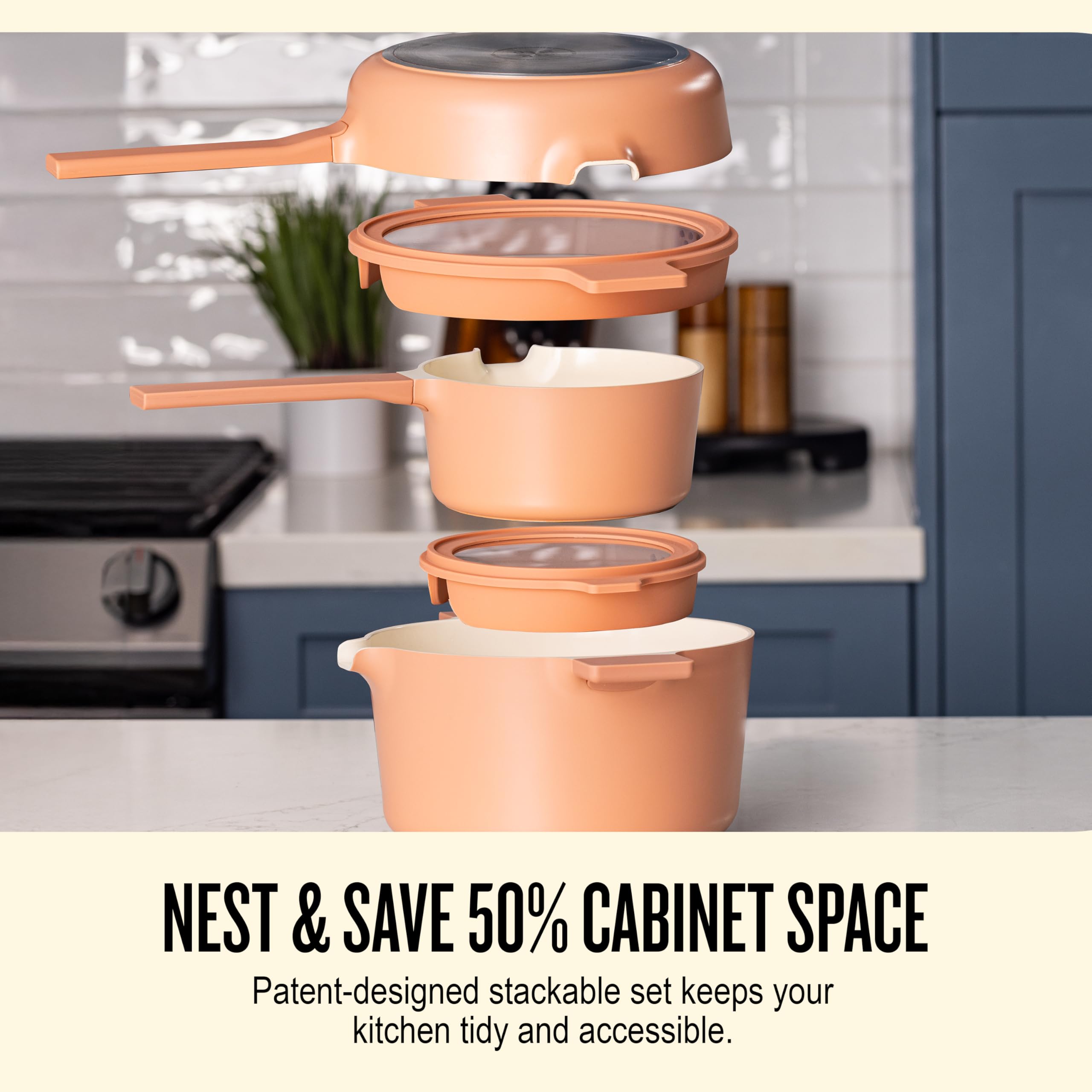 Alva Neat 5-Piece Nested Nonstick Ceramic Cookware Set - Made without PFAS, PFOA & PTFE – Induction & All Stovetop Compatible, Oven Safe, Easy to Clean – Space-Saving Design, Peach