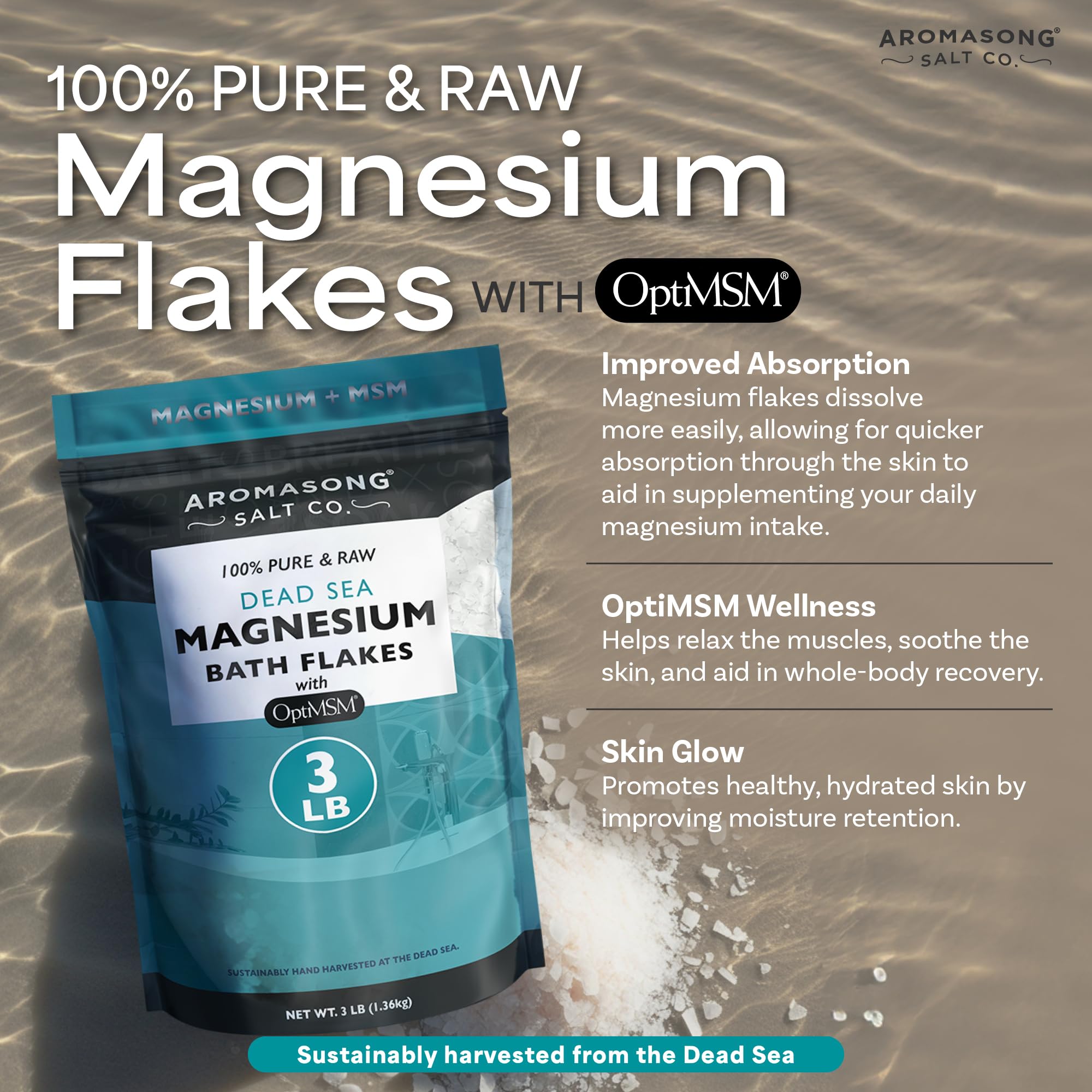 Aromasong RAW Magnesium Flakes + OptiMSM for Soaking 3 LB Resealable Pack - Muscle Relaxing Organic Bath Salts Magnesium Chloride Flakes, Mineral Soak.