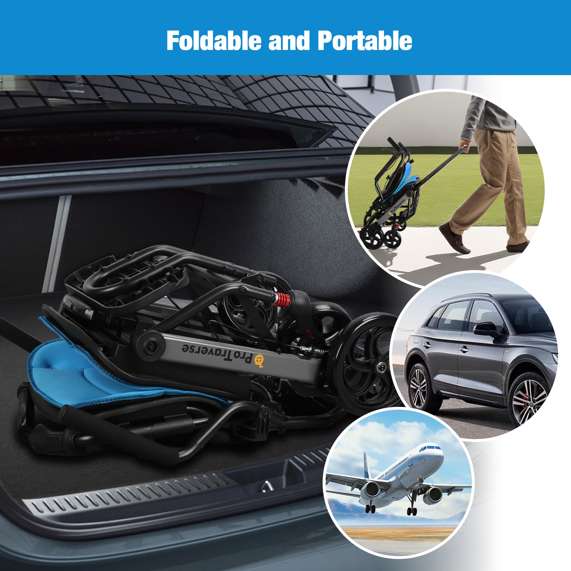ProTraverse Wheelchairs for Adults,Transport Wheelchair Lightweight Foldable with Removable Cushion,Transport Chair,Ergonomic Travel Wheelchair with Telescopic Handle,Gifts for Grandpa,Blue