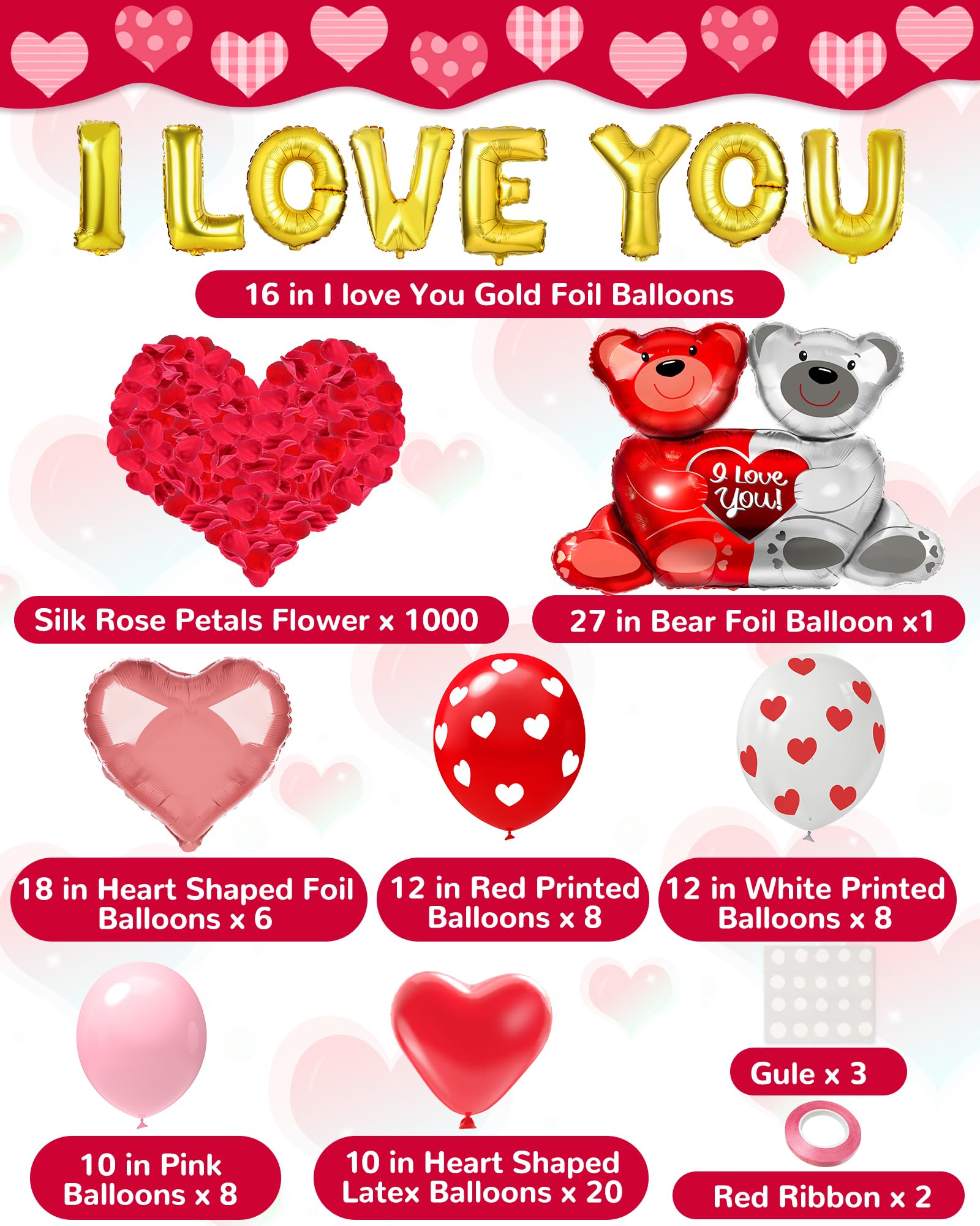 Lutoys Valentines Balloon Kit Decor with I Love You Balloons, Heart Balloons with 1000 Pcs Silk Red Rose Petals for Valentines Day Galentines Party Decorations Proposal Wedding Anniversary Decor