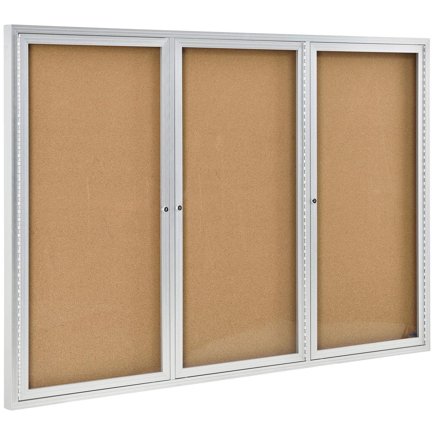 Global Industrial 3 Door Enclosed Bulletin Board, Cork, Aluminum Frame. 72" x 48"